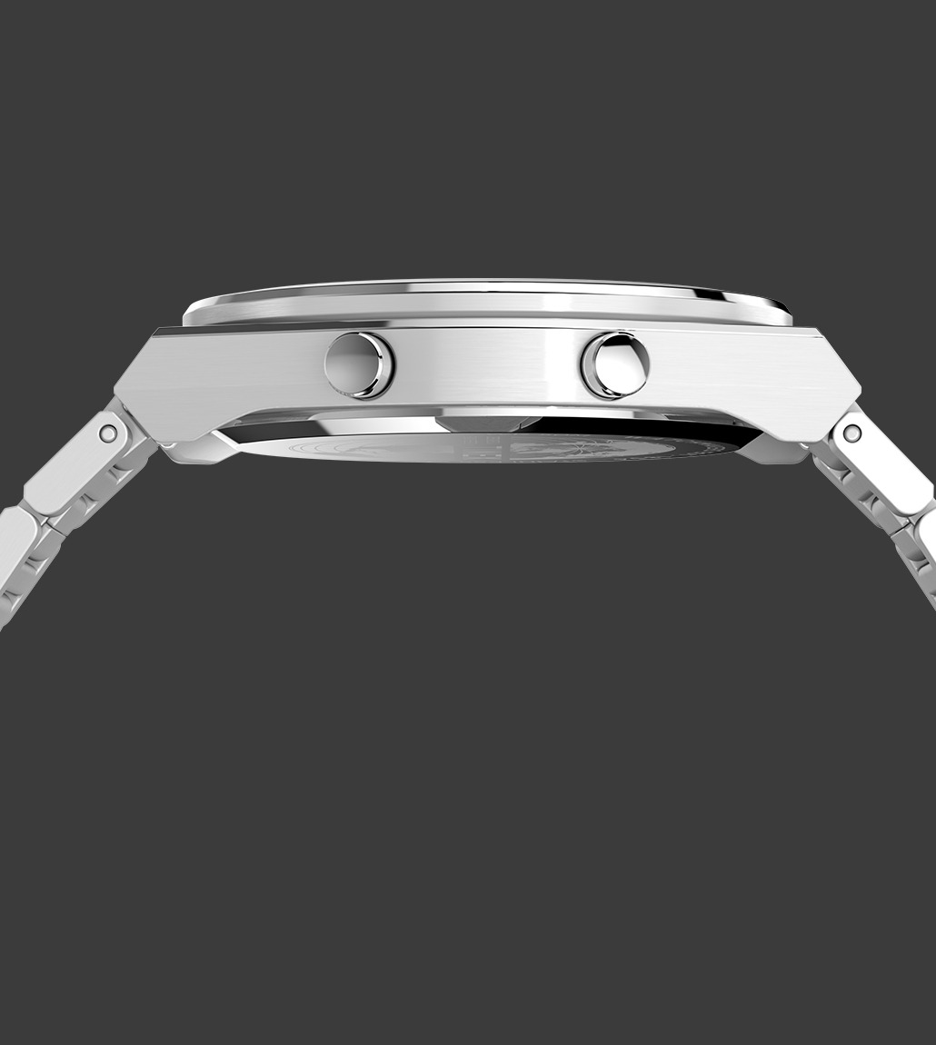 Side profile render of the watch highlighting the push-buttons and slim case design.