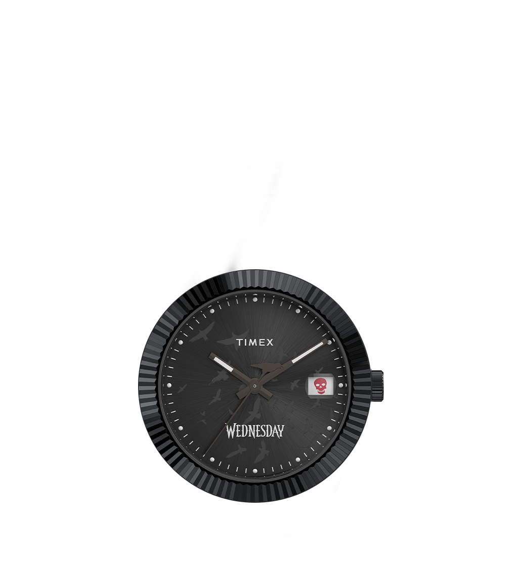 Detailed image of the Timex x Wednesday Legacy watch head, showing the radial texture on the dial, raven silhouette pattern, and “Wednesday” text with the red skull icon date display.