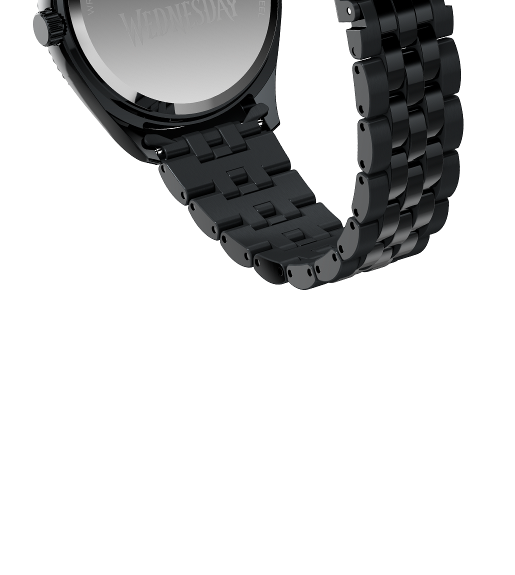 Close-up of the Timex x Wednesday Legacy watch’s black stainless-steel bracelet and caseback. The caseback is engraved with the “Wednesday” logo, emphasizing the build quality and gothic detailing.