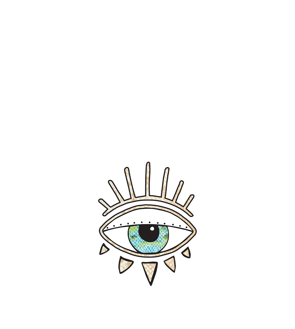 Illustration of Jacquie Aiche’s signature mystical eye icon in mother-of-pearl textures with a turquoise iris, radiating lashes, and a black background.
