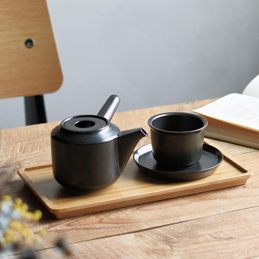  LT kyusu teapot in black and LT cup and saucer on LT tray  