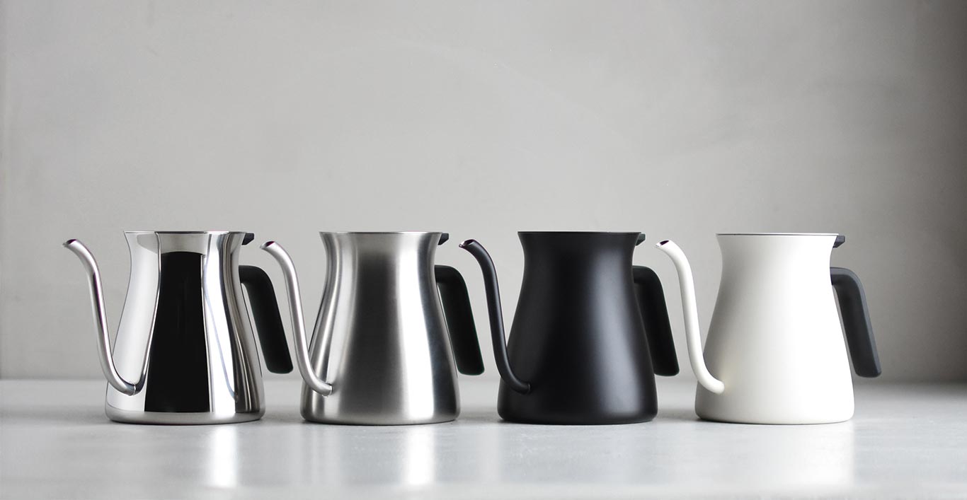  POUR OVER KETTLE collection in mirror, matte, black, and white  