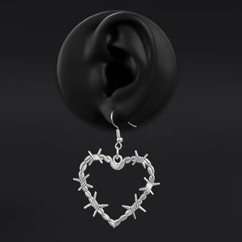 Dangle Earrings, Silver, Barbed Wire Heart - Pair