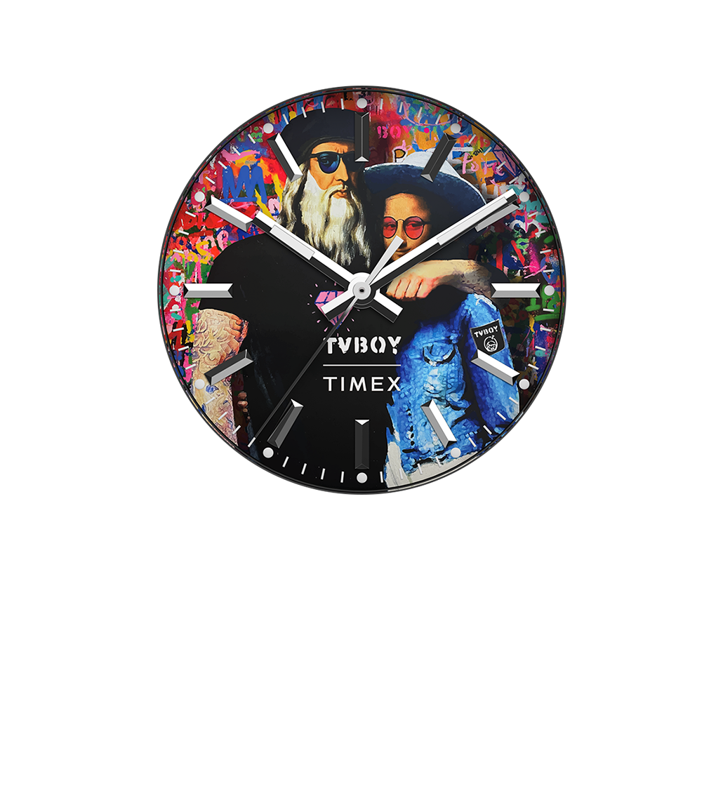 Close-up of the Timex Legacy Ocean x TVBOY dial, showcasing detailed street art by TVBOY featuring da Vinci and Mona Lisa in contemporary outfits and sunglasses. Surrounding the dial are white hour markers and bold silver-tone hands, with the 'TVBOY' and 'TIMEX' logos centered below the artwork.