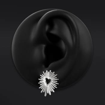 Stud Earrings, Silver, Sunburst Heart, 316L Stainless Steel - Pair