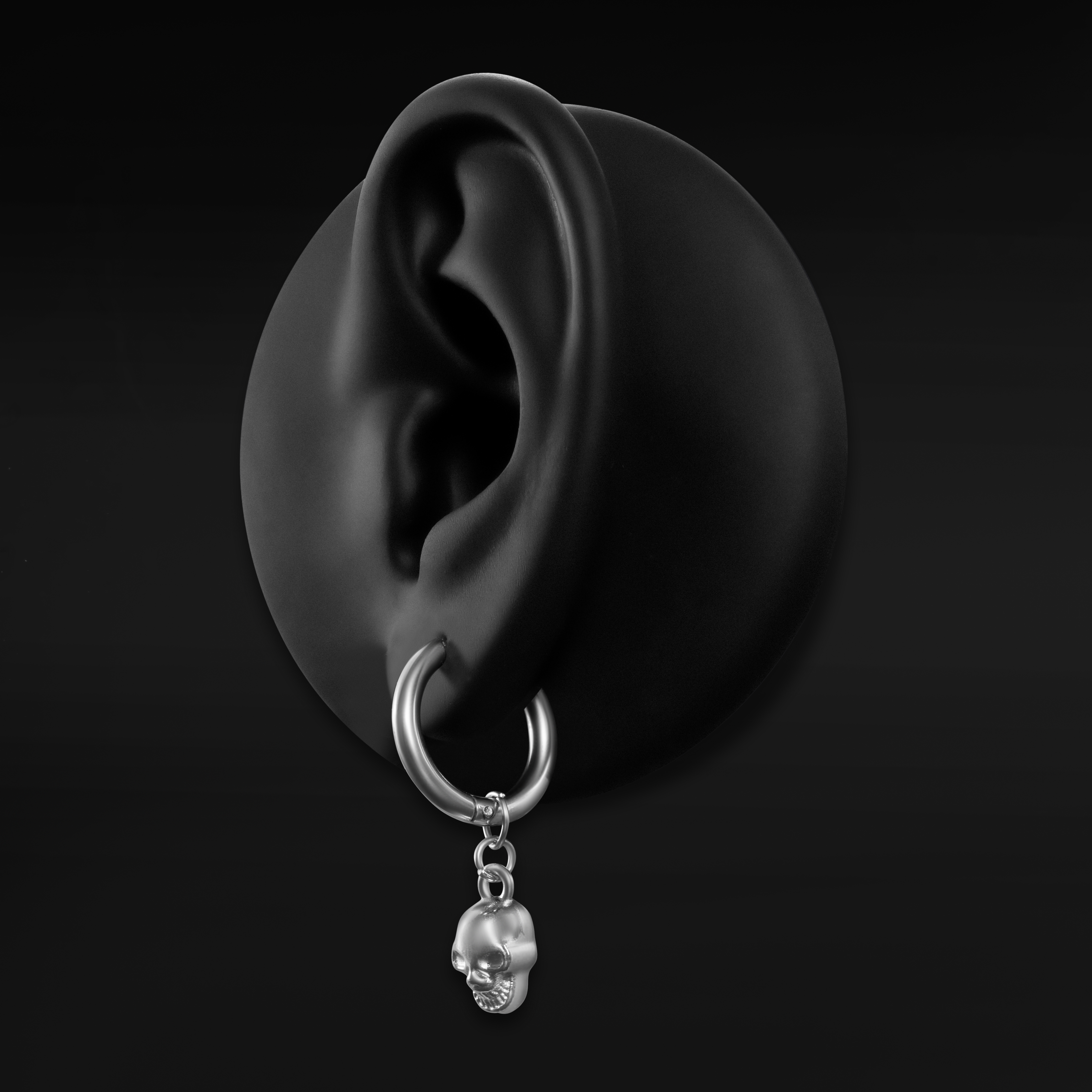 Stainless Steel Silver Huggie Hoop Earrings With Skull Dangle (Pair)