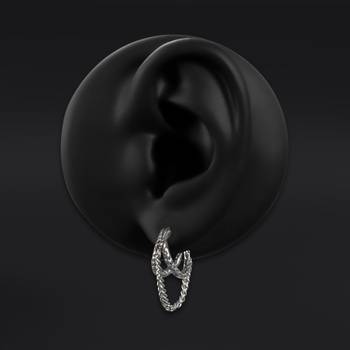 Huggie Hoop Earrings, Silver, Double Hoop with Chain, Hammered Steel - Pair