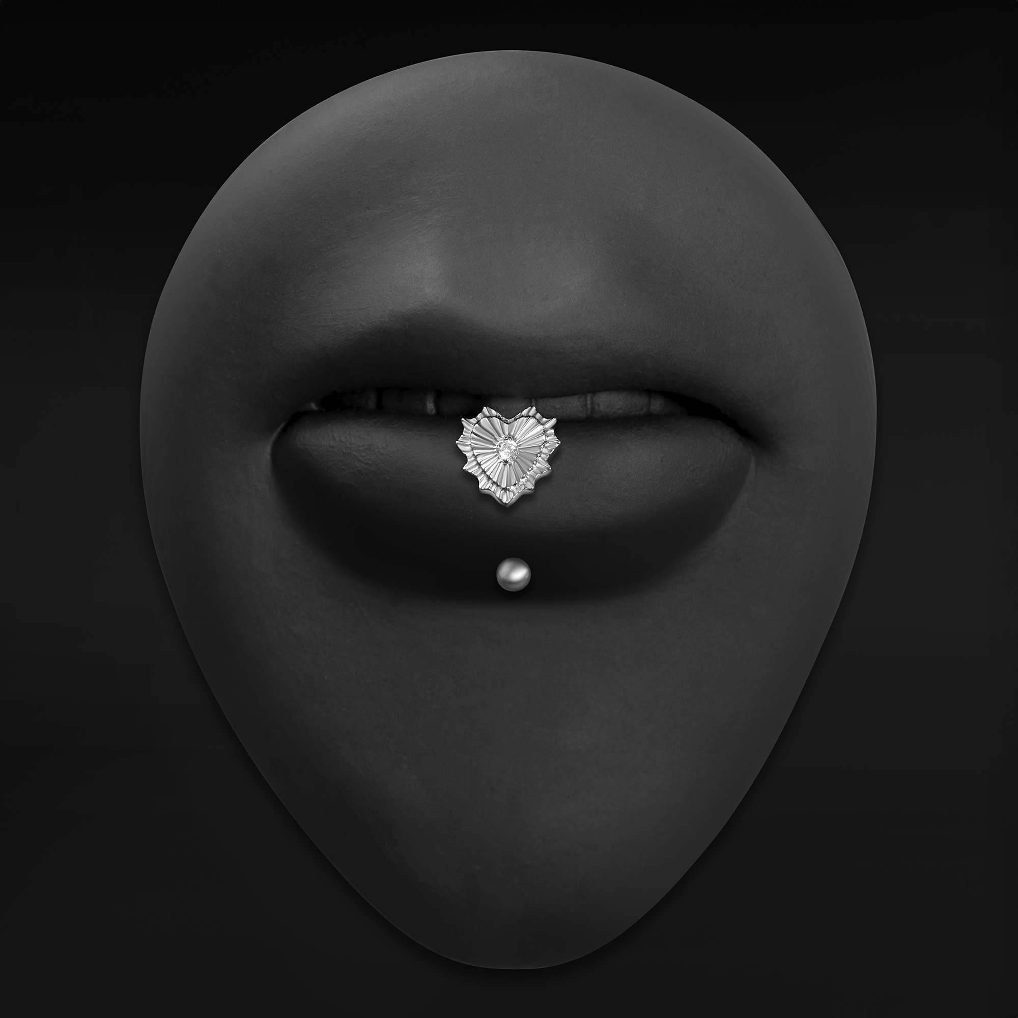 Silver Jewelled Sacred Heart Vertical Labret Internally Threaded Titanium Curved Barbell 1.2mm Gauge