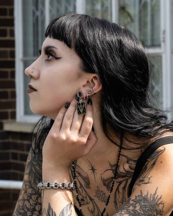 Alternative Tattooed Man wearing Silver Steel Leviathan Cross Ear Weights - Pair