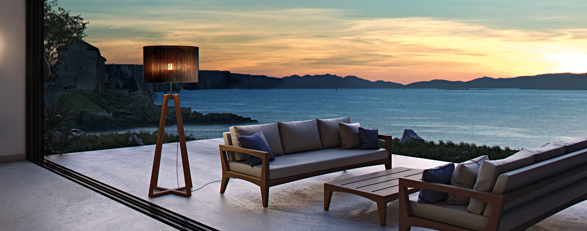 Luxury outdoor sofa set by the ocean