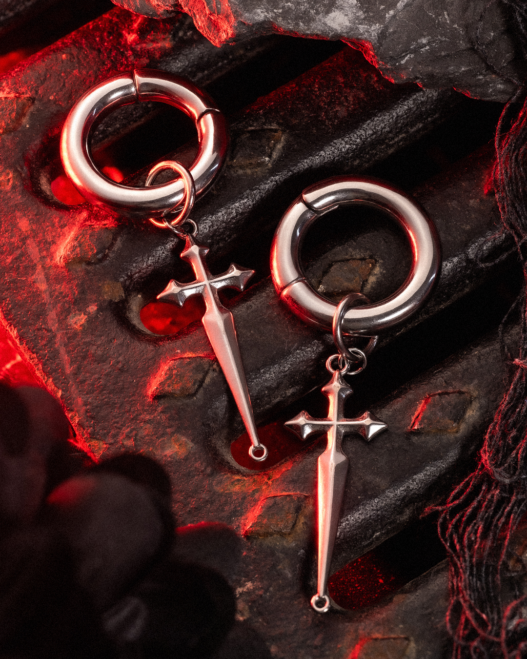 Alternative Silver Steel Cross Dangle Hoop Earring Hangers (Pair)