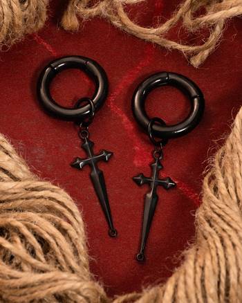 Alternative Black Steel Cross Dangle Hoop Ear Hangers - Pair