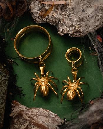 Gold Spider Charm Gold Steel Double Flared Tunnel Dangle / Plug / Gauge