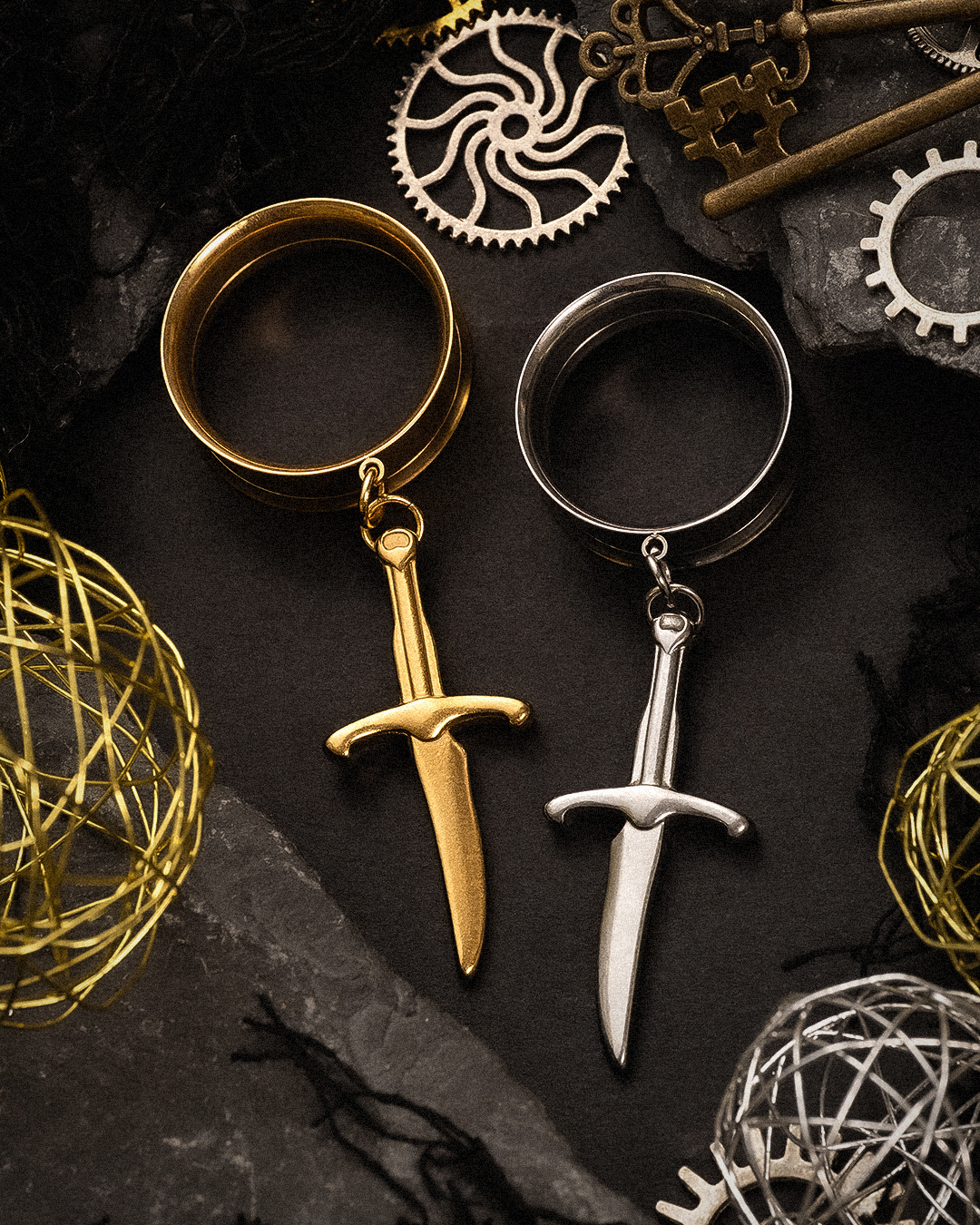  Gold Dagger Charm Gold Steel Double Flared Tunnel Dangle / Plug / Gauge