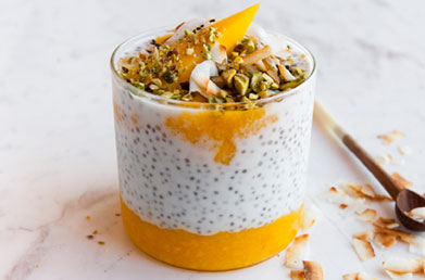 Homemade chia pudding made with Navitas Chia Seeds and topped with fresh ingredients