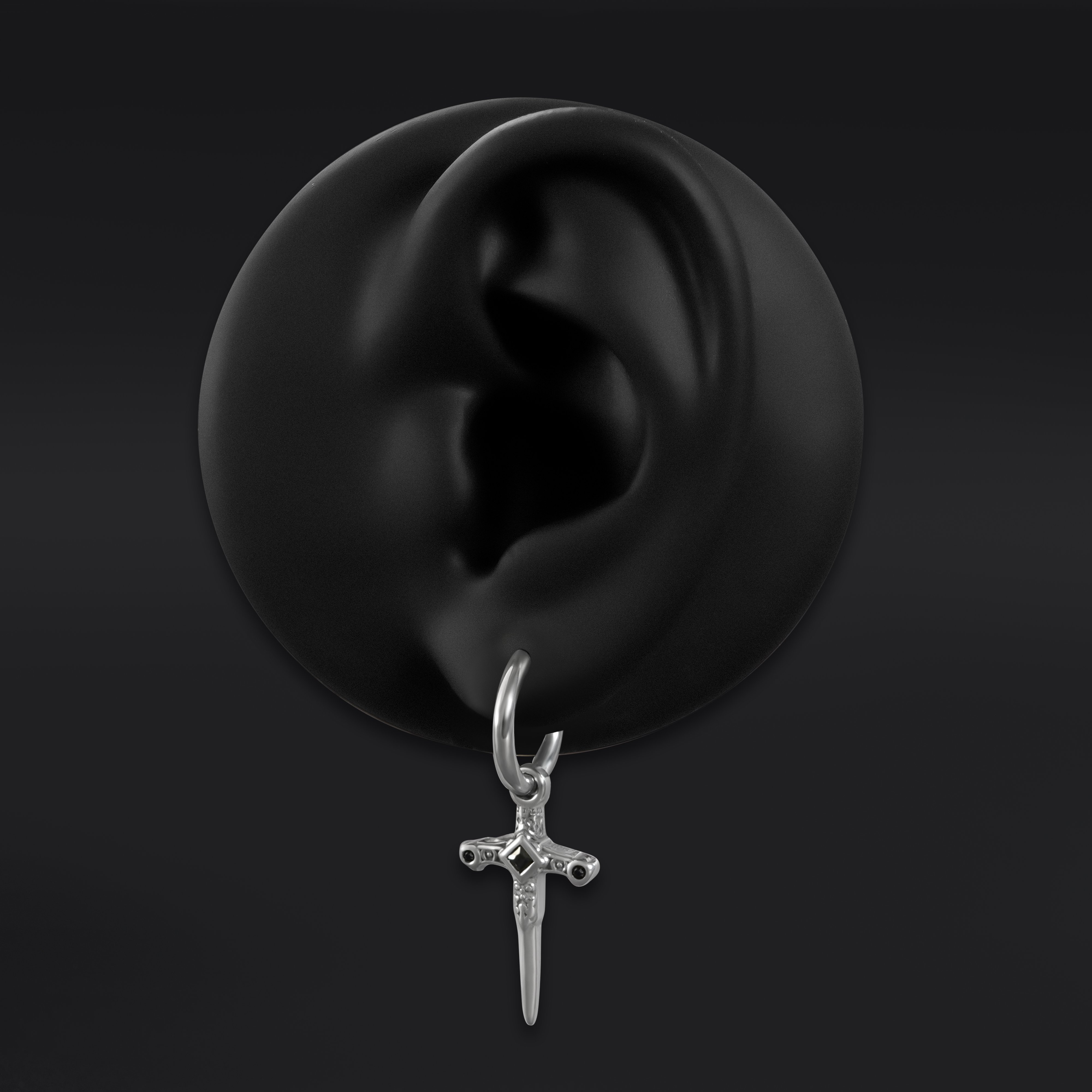  Silver Sword Earrings with Black Gems, Stainless Steel - Pair