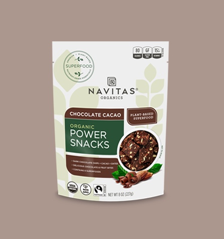 An unopened bag of Navitas Organics Chocolate Cacao power snacks