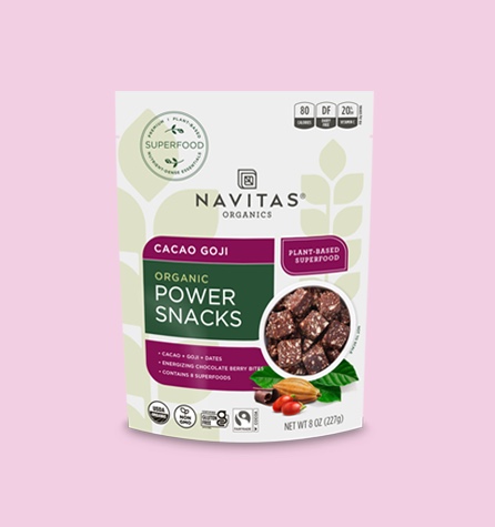 An unopened bag of Navitas Organics Cacao Goji Power Snacks