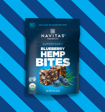 A package of Navitas Organics Superfood+ Blueberry Hemp BITES on a two-toned blue striped background.