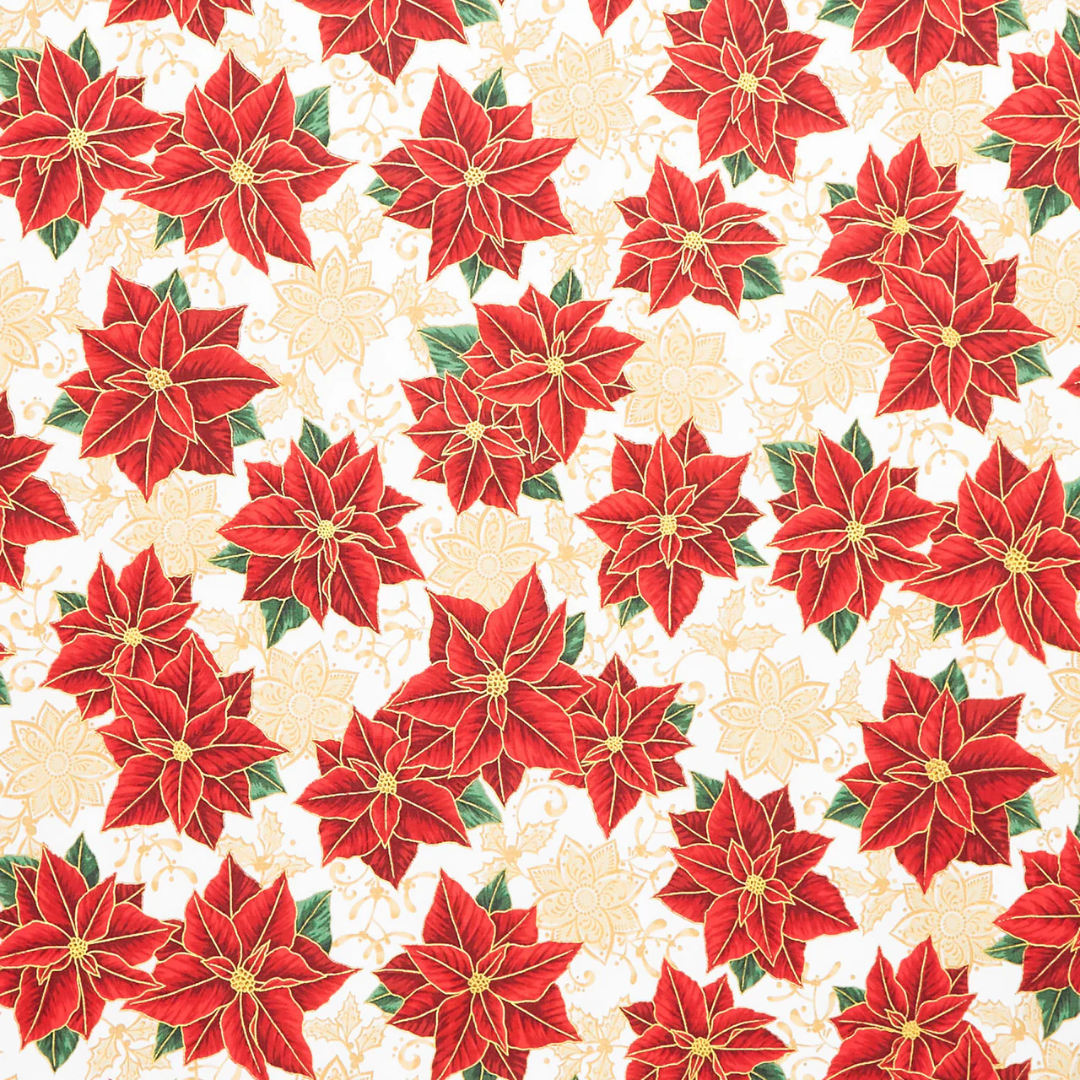 a christmas fabric print featuring gold metallic accents and bright red poinsettias from the holiday flourish fabric collection by robert kaufman.