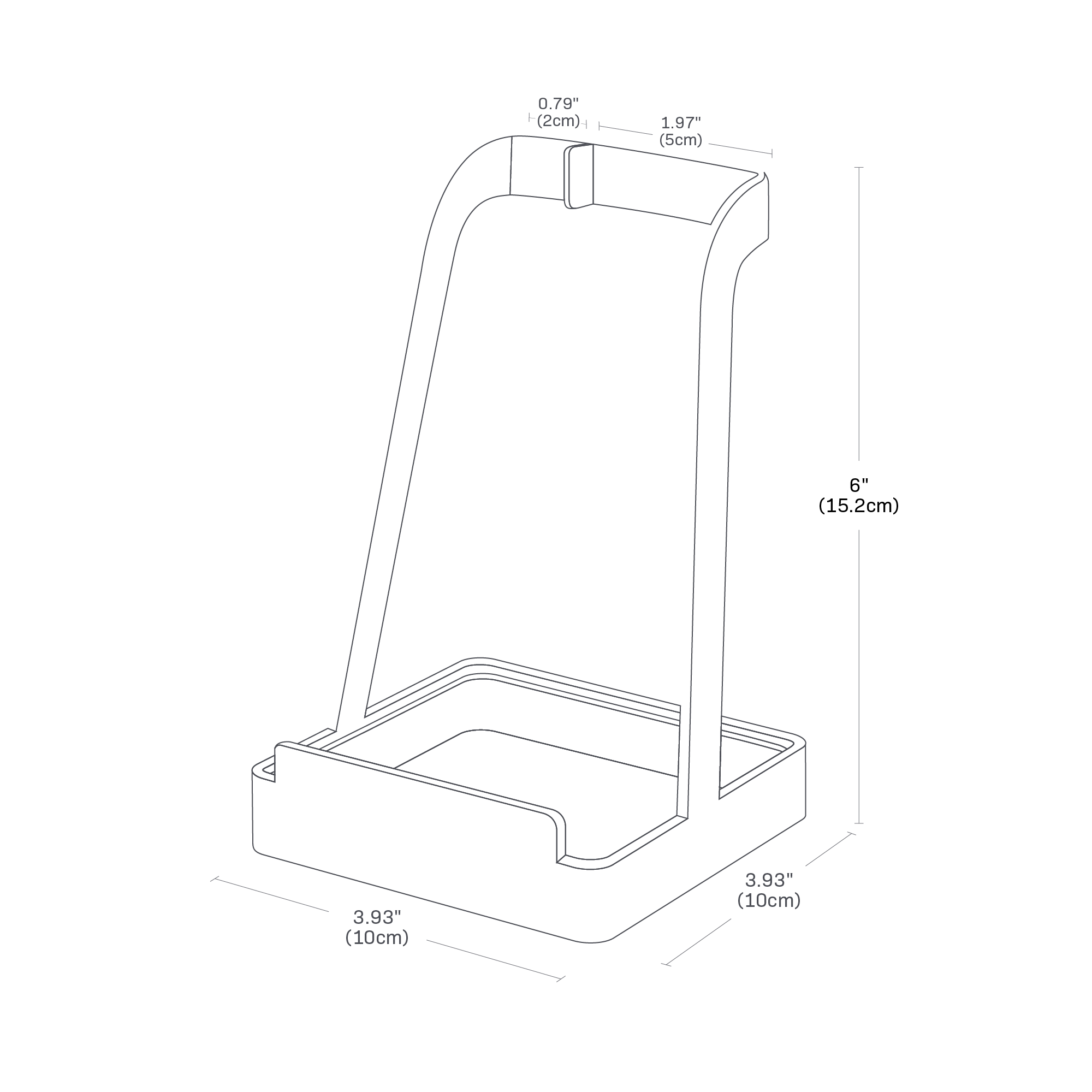 Image de dimension pour le support de couvercle et de louche sur un fond blanc montrant une largeur totale de 3,75", une longueur de 3,75", une hauteur de 6"