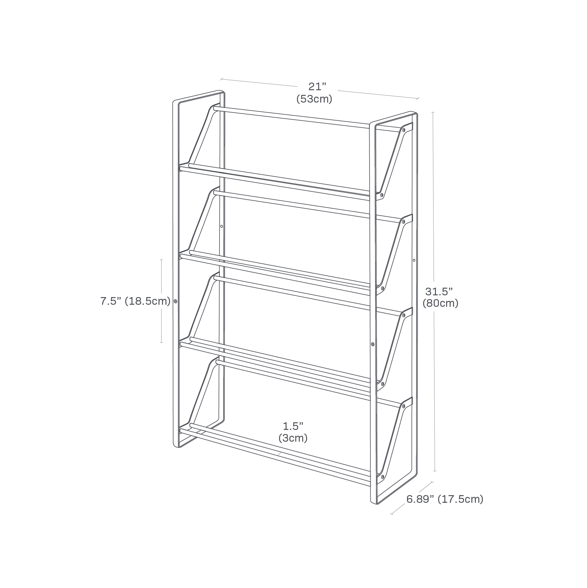 Dimension image for Slim Shoe Rack showing a total length of 21 inches, width of 7 inches and height of 31.5 inches. Space between tiers are 7.5 inches and between rungs 1.5 inches.