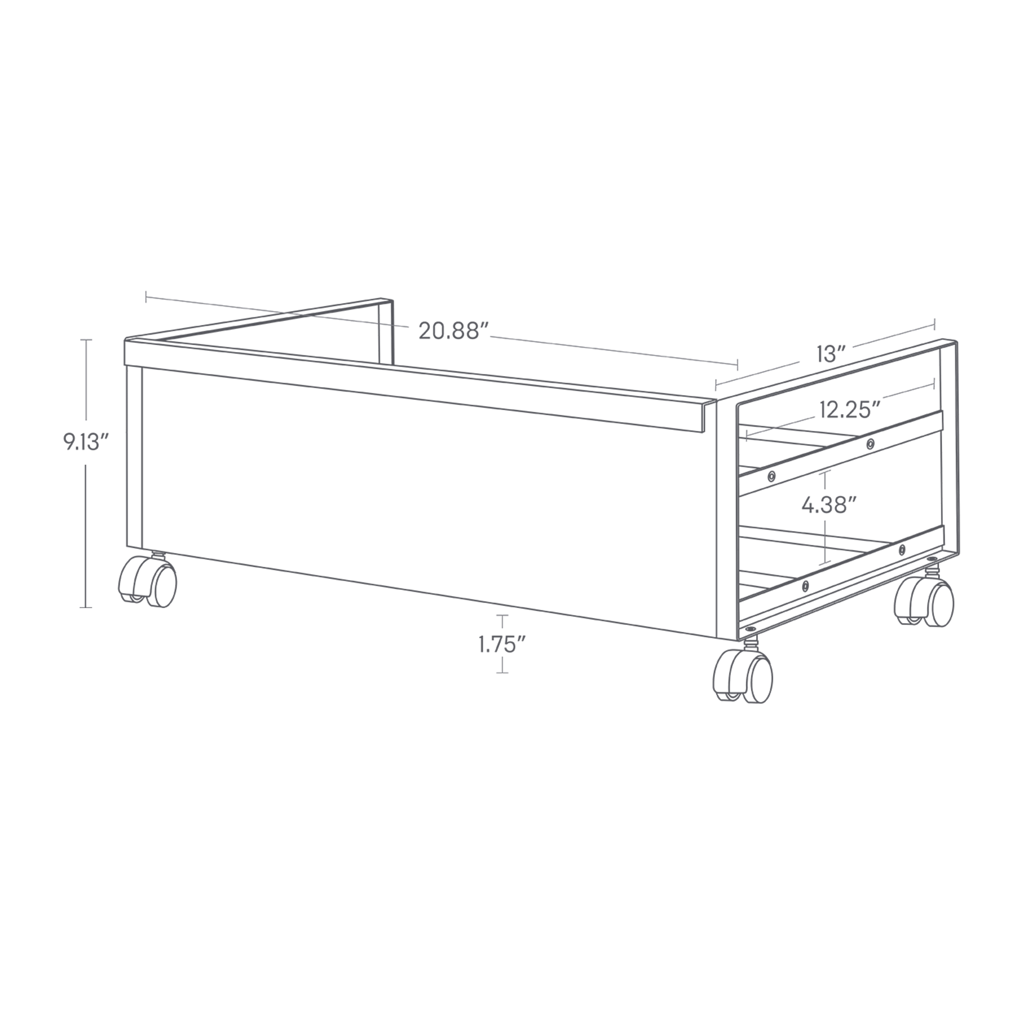 Dimension Image for Rollinf Shoe Rack on a white background showing width of 20.88 inches, length of 13 inches, 1.75 inches from groun to bottom of rack, 9.13 inches internal height of rack, 12.25 inches internal length, and 4.38 inches between bottom and middle bars.
