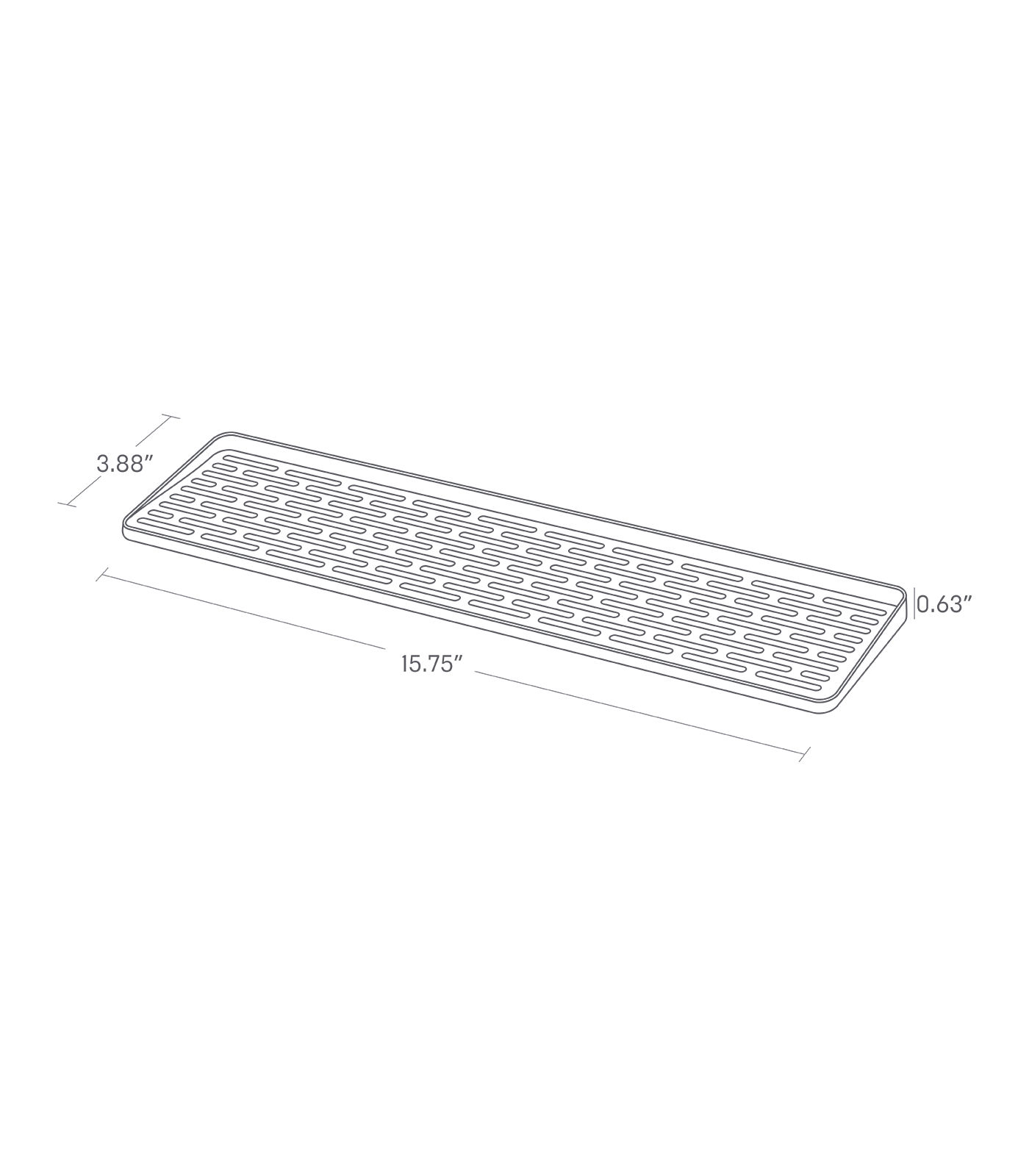Dimension image for Sink Drainer Tray on a white background including dimensions  L 4.13 x W 15.75 x H 0.79 inches