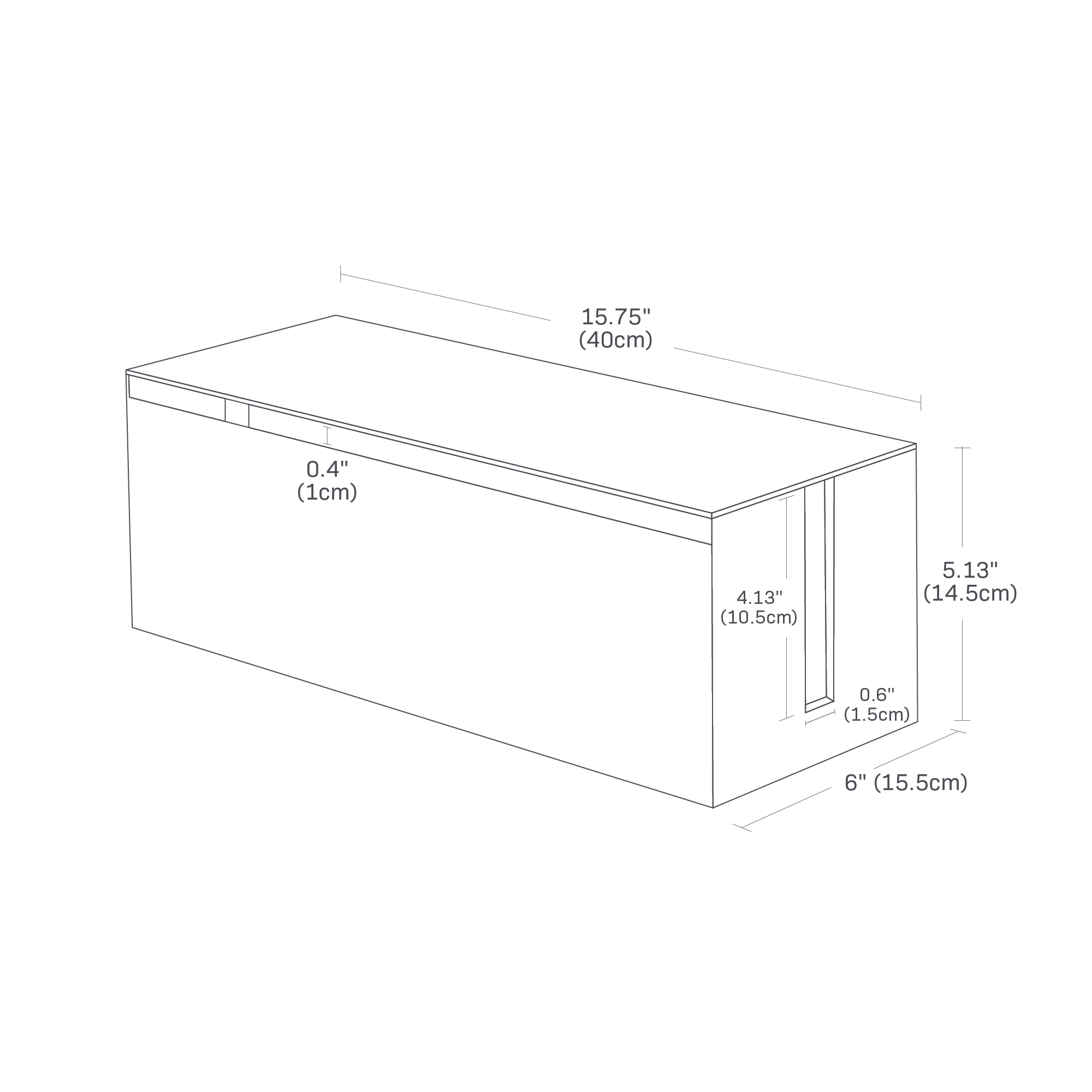 Image dimensionnelle du boîtier de gestion des câbles montrant une longueur de 15,75 po, une largeur de 6 po et une hauteur de 5,13 po