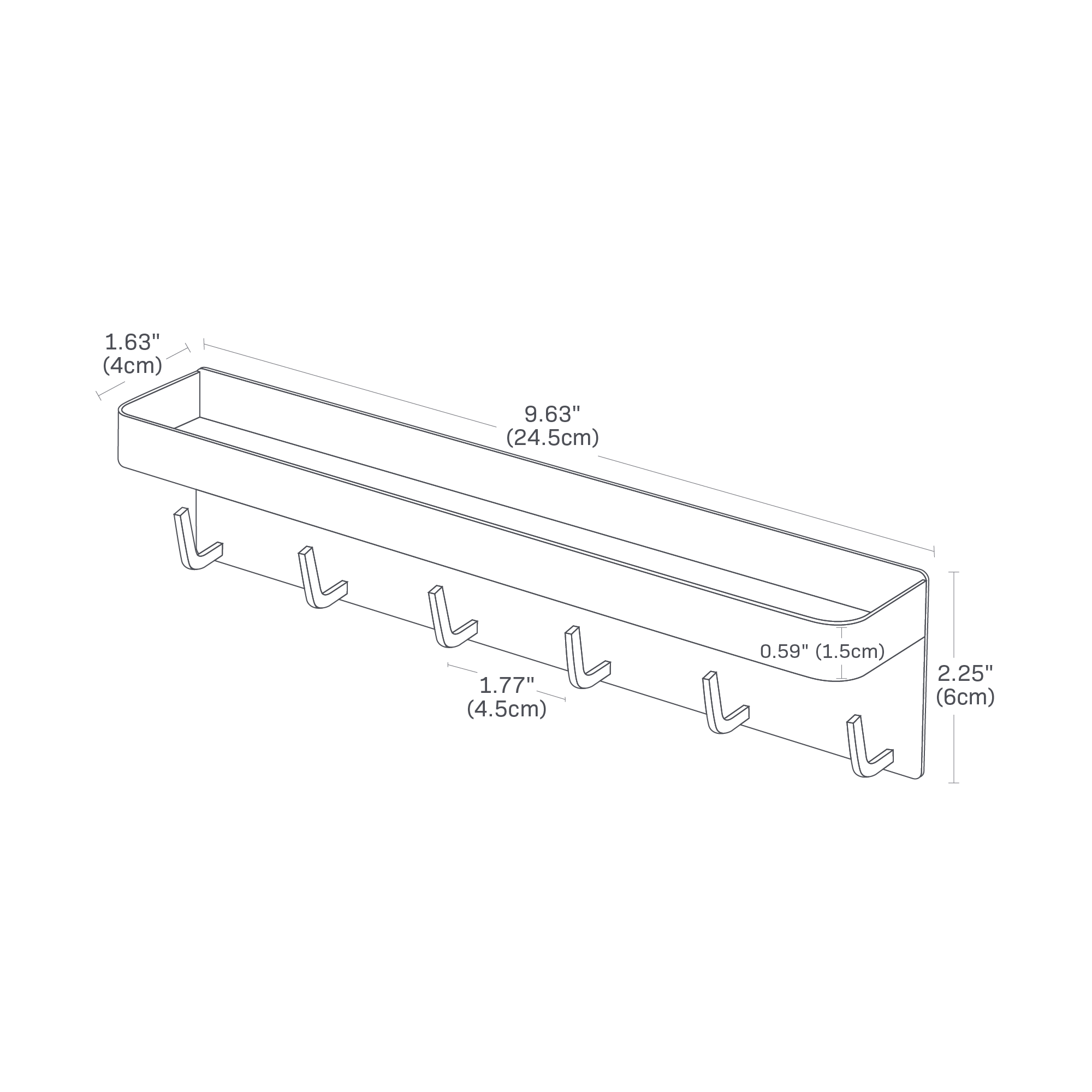 Dimension Image for Magnetic Key Rack on a white background showing height of 2.25 inches, width of 9.63 inches, and length of 1.63 inches.