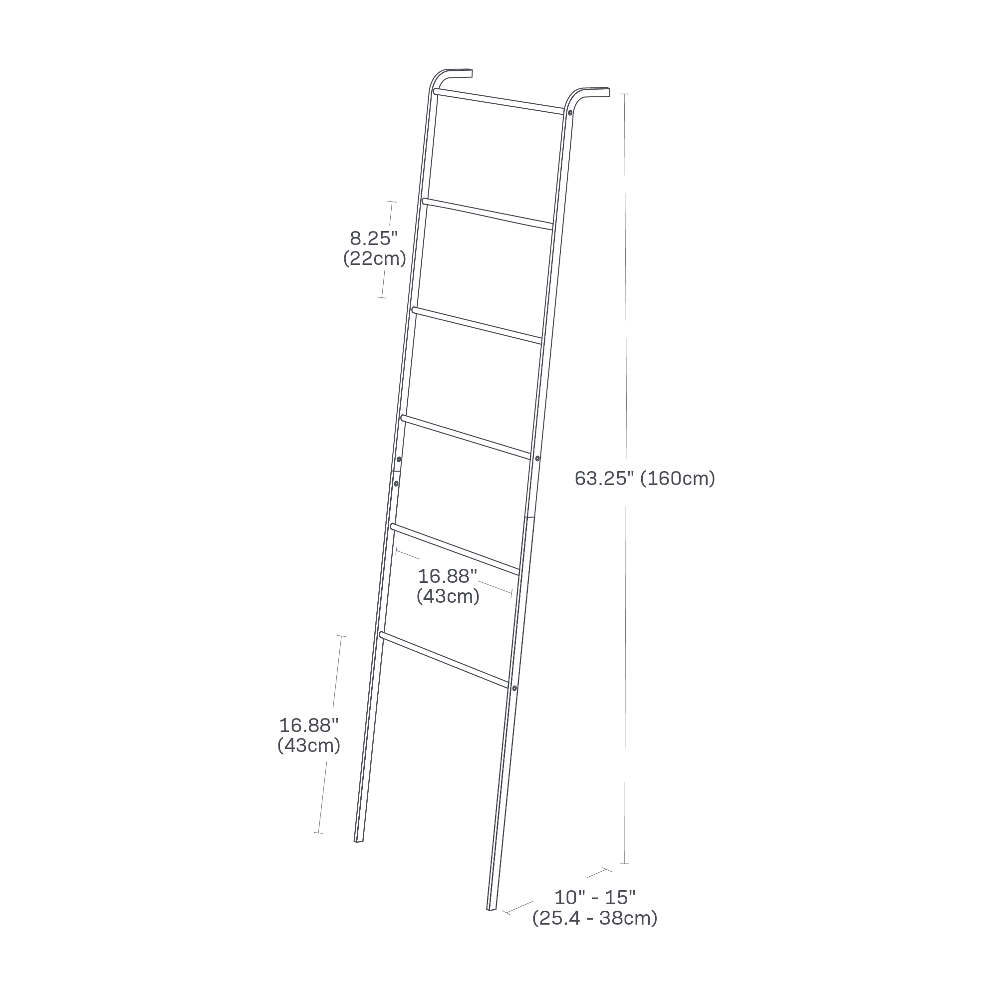 Image dimensionnelle pour une échelle de rangement inclinable sur fond blanc montrant une hauteur de 63,25 po, une distance entre le mur et le bas de l