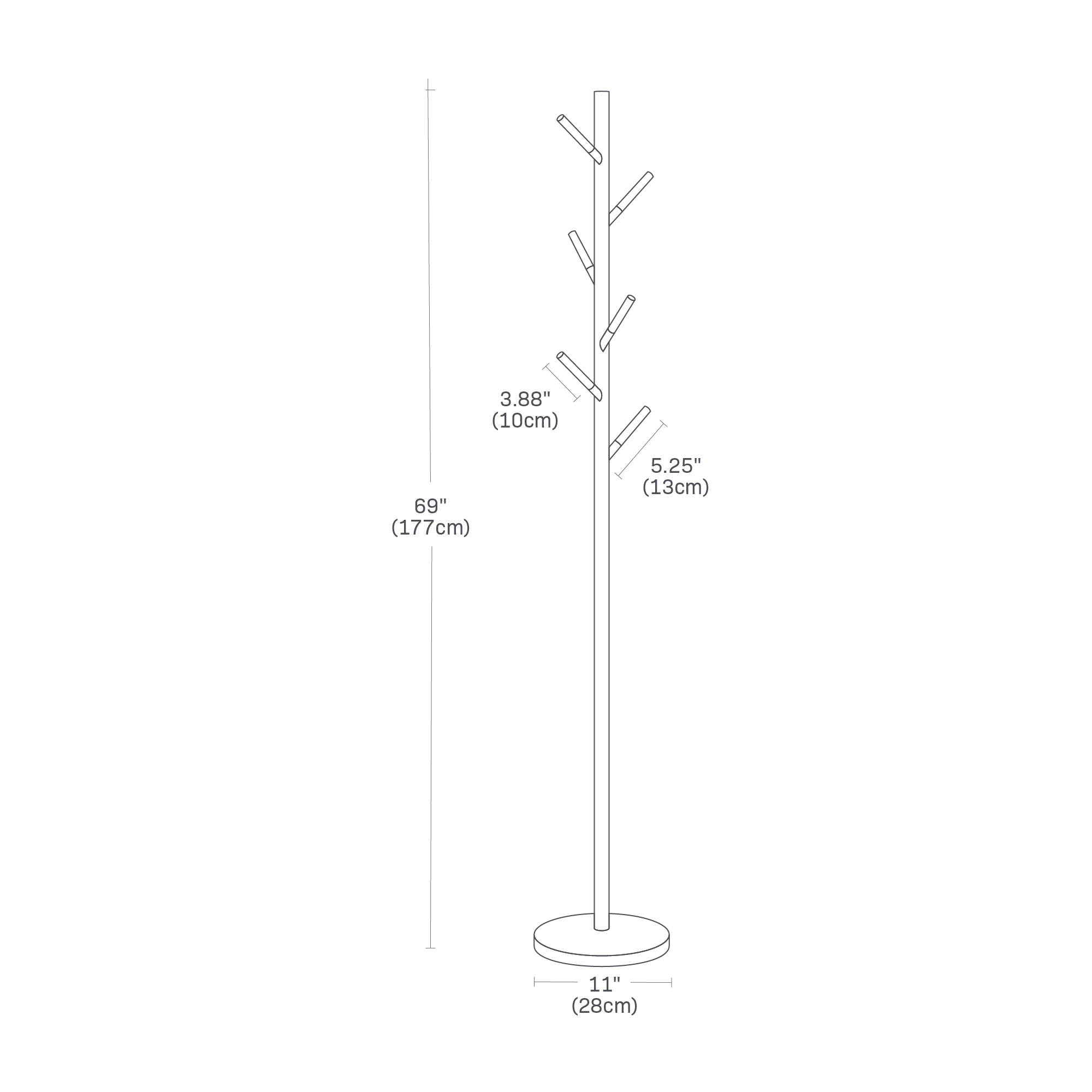 Dimension image for Coat Rack showing base diameter of 11 inches and height of 69 inches