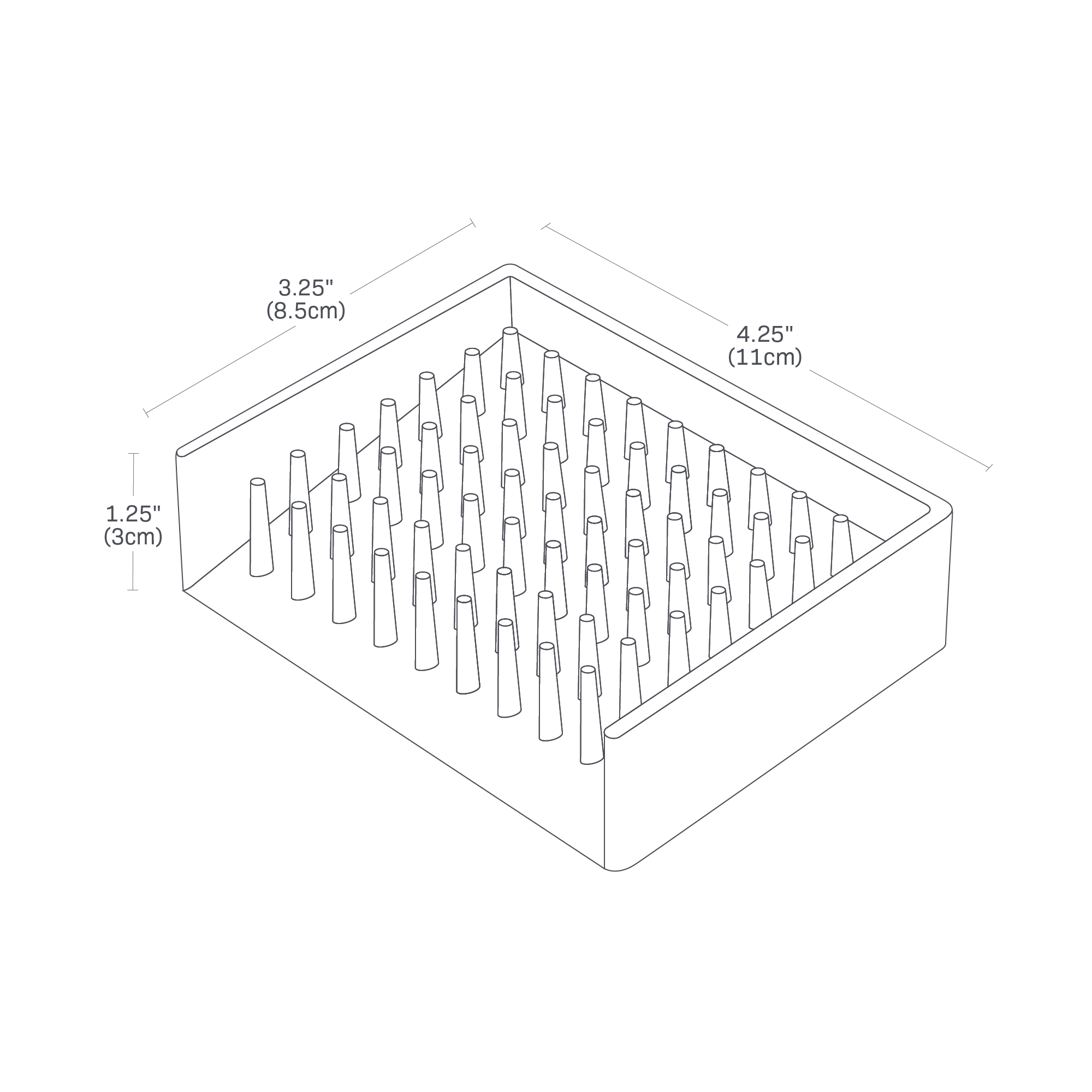Dimension image for Self-Draining Soap Dishon a white background showinglength of 4.25 inches, width of 3.25 inches, height of 1.25 inches.