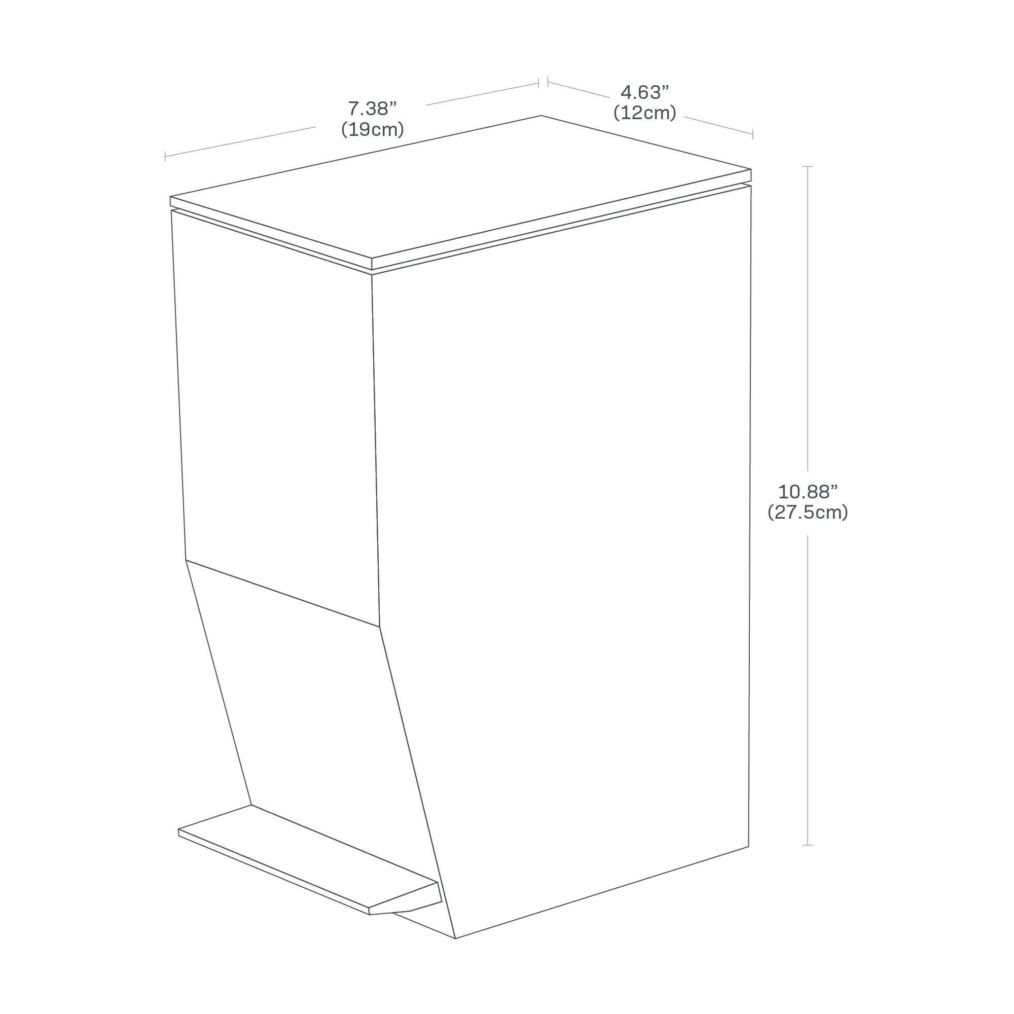 Image dimensionnelle pour Step Trash Canon sur fond blanc montrant une longueur de 7,38 ", une largeur de 4,63 ", une hauteur de 10,88 ".