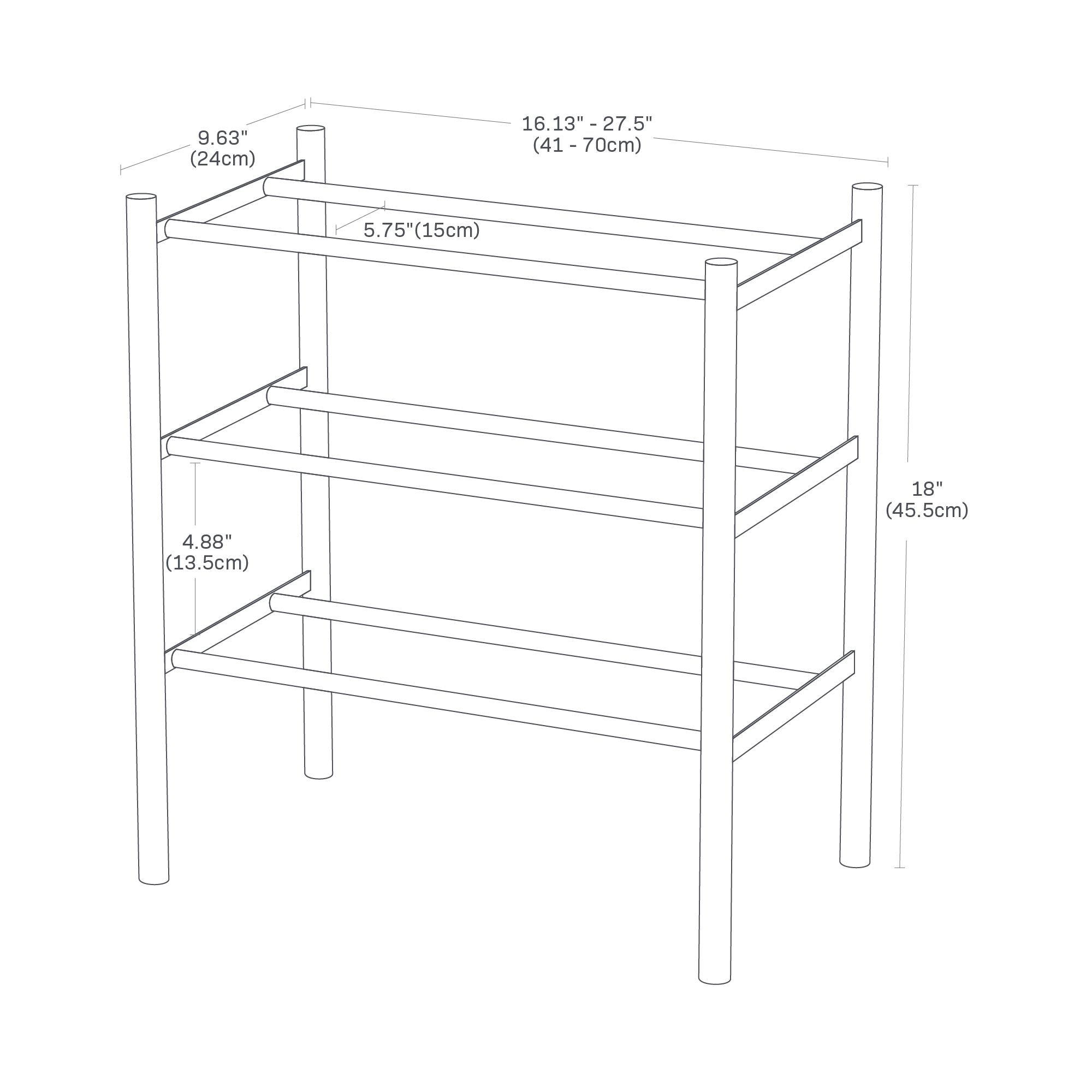 PLAIN Expandable Shoe Rack. 18 inches tall, 15.5 inches long, 9.63 inches wide. Tiers 4.88 inches apart in length.
