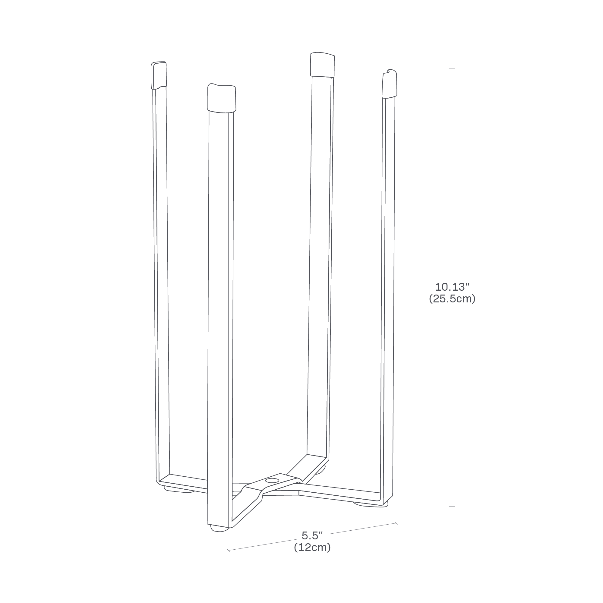 Image dimensionnelle du séchoir à bouteilles pliable sur fond blanc indiquant une hauteur de 10,13" et un diamètre inférieur de 5,5".