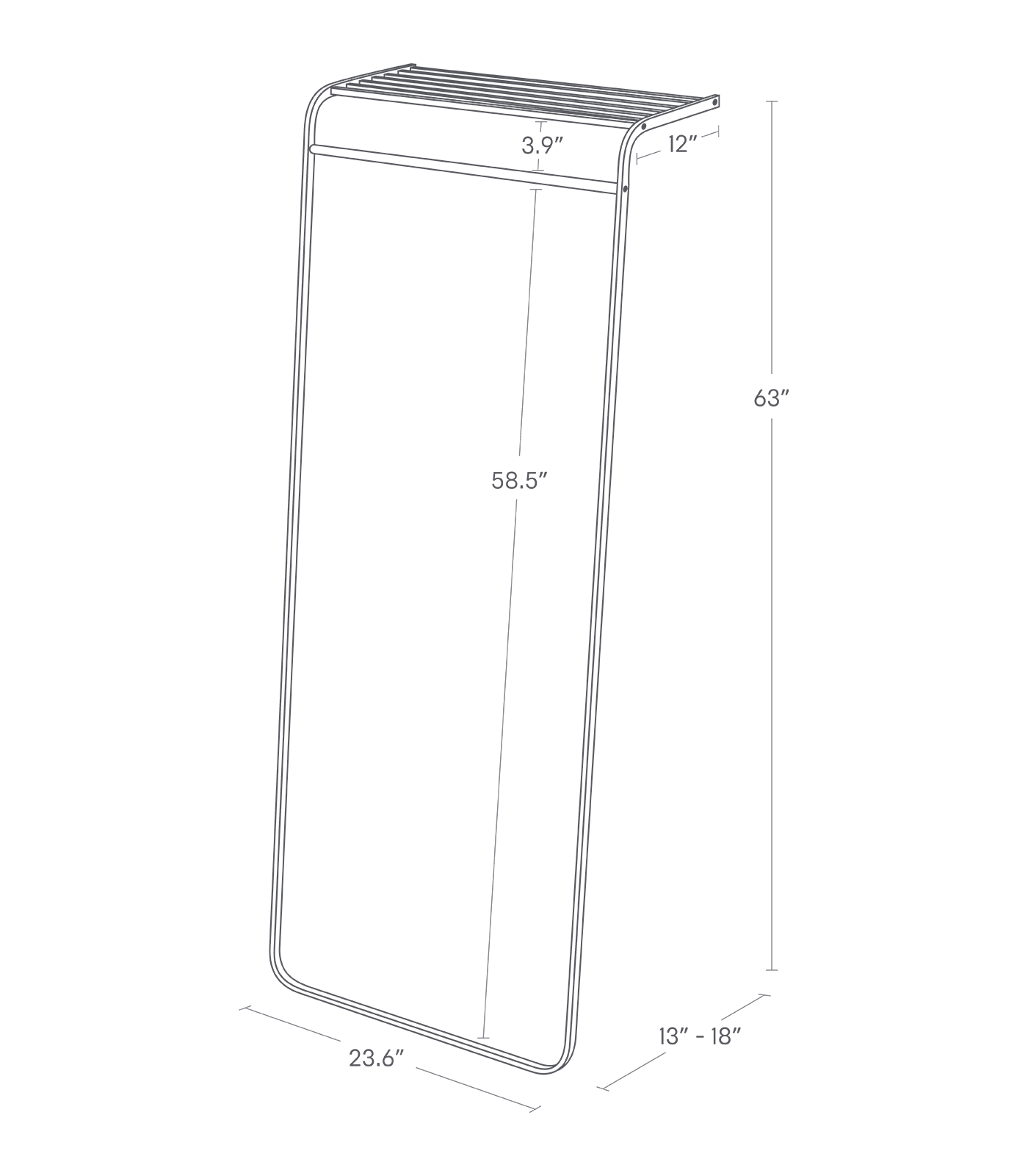 Dimension image for Leaning Coat Rack with Shelf on a white background including dimensions  L 18.11 x W 23.62 x H 62.99 inches