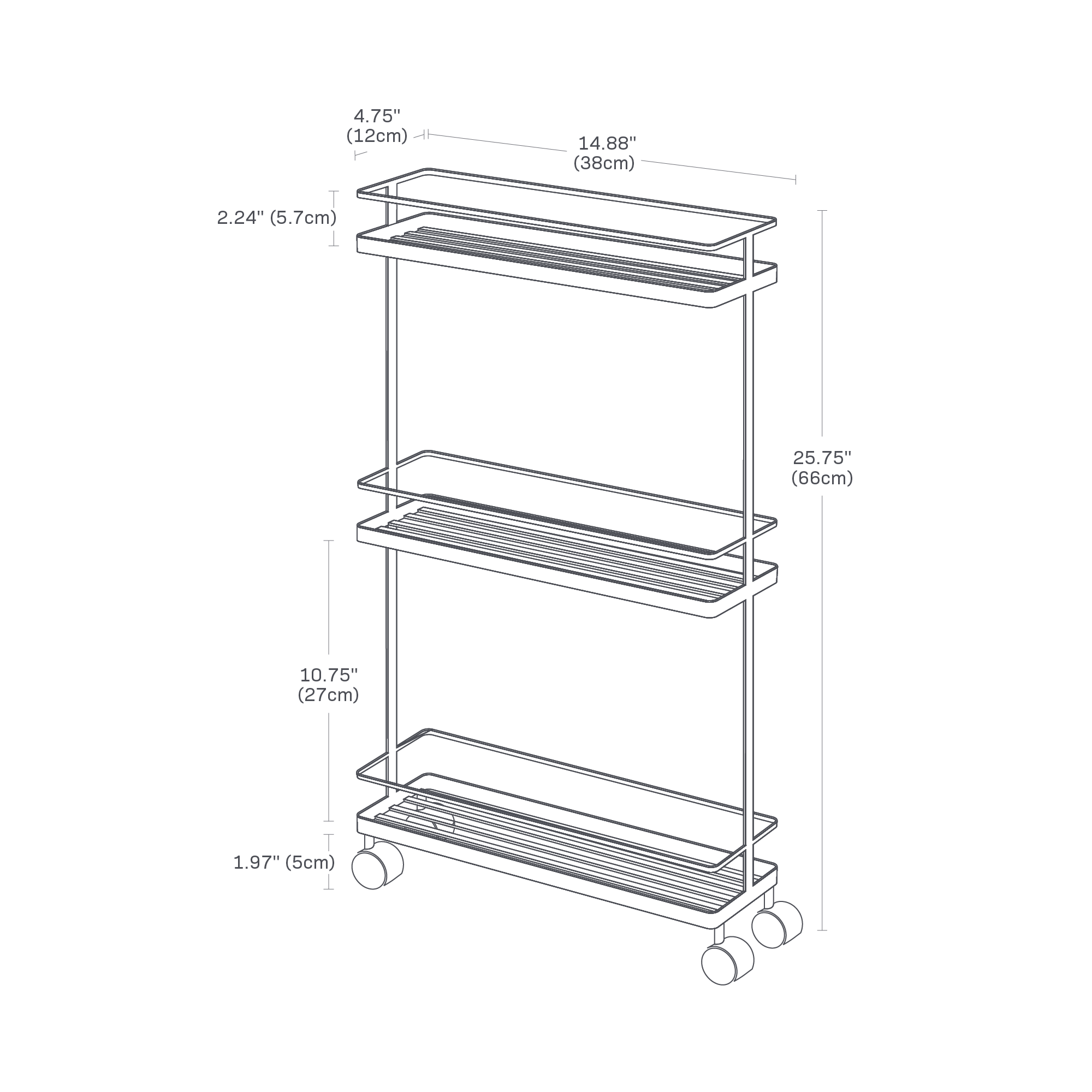 Dimenision image for Rolling Carton a white background showing total width of 14.88 inches, length of 4.75 inches, height of 25.75 inches. The height between shelves shows 10.75 inches.