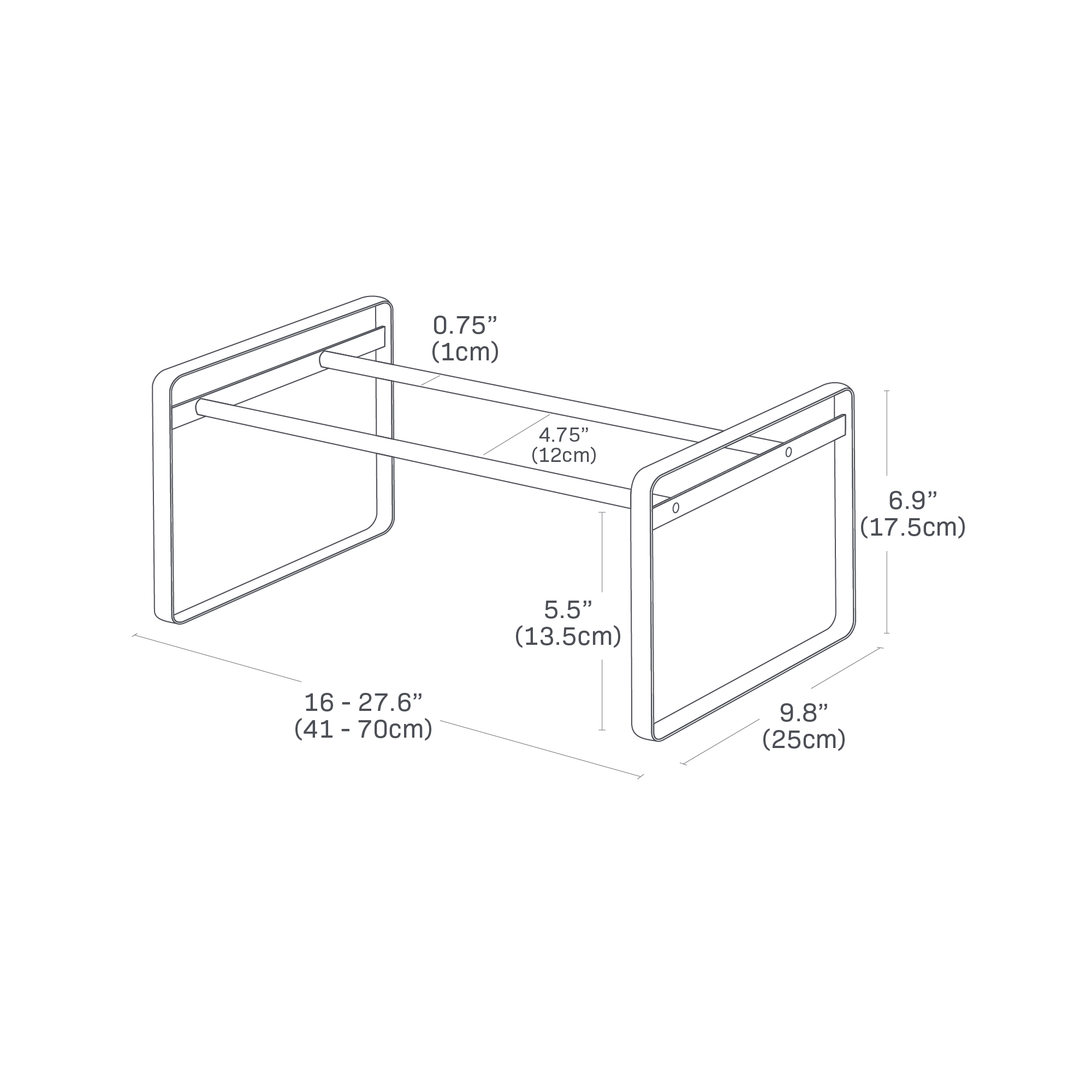 Dimension image for Stackable Shoe Rack showing length of 16 inches-27.6 inches, width of 9.8 inches and height of 6.9 inches