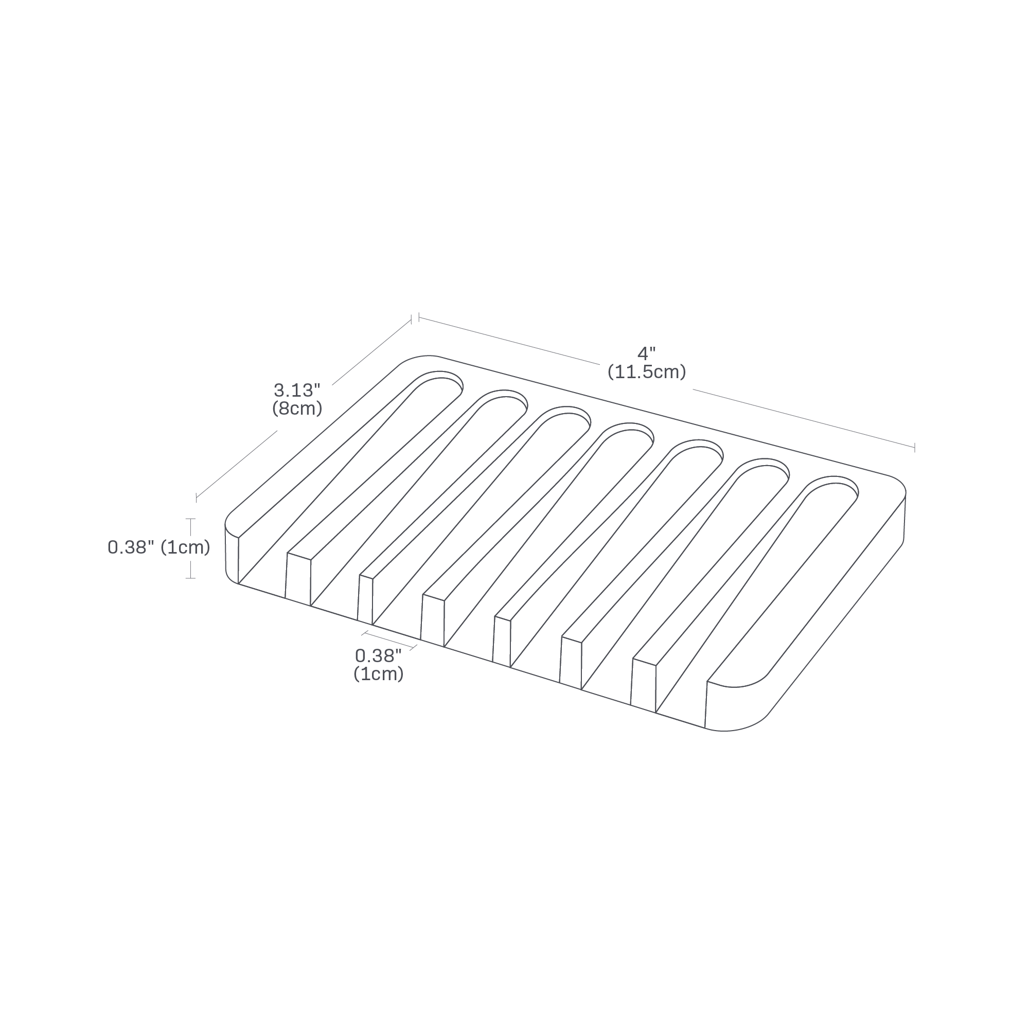 FLOW Self-Draining Soap Tray. 4 inches long, 3.3 inches wide, 0.38 inches tall.