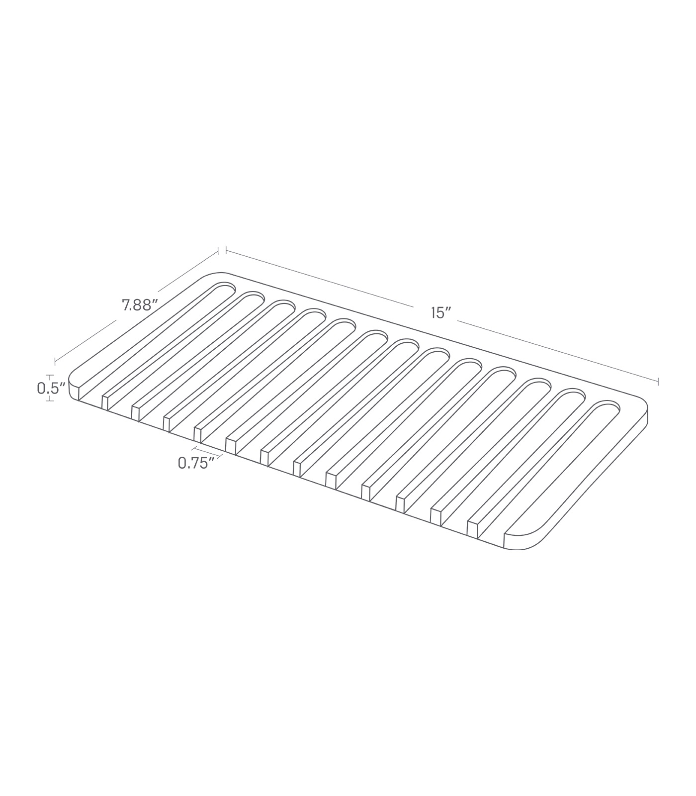 FLOW Dish Drainer Tray. 15 inches long, 7.88 inches wide, 0.5 inches tall.