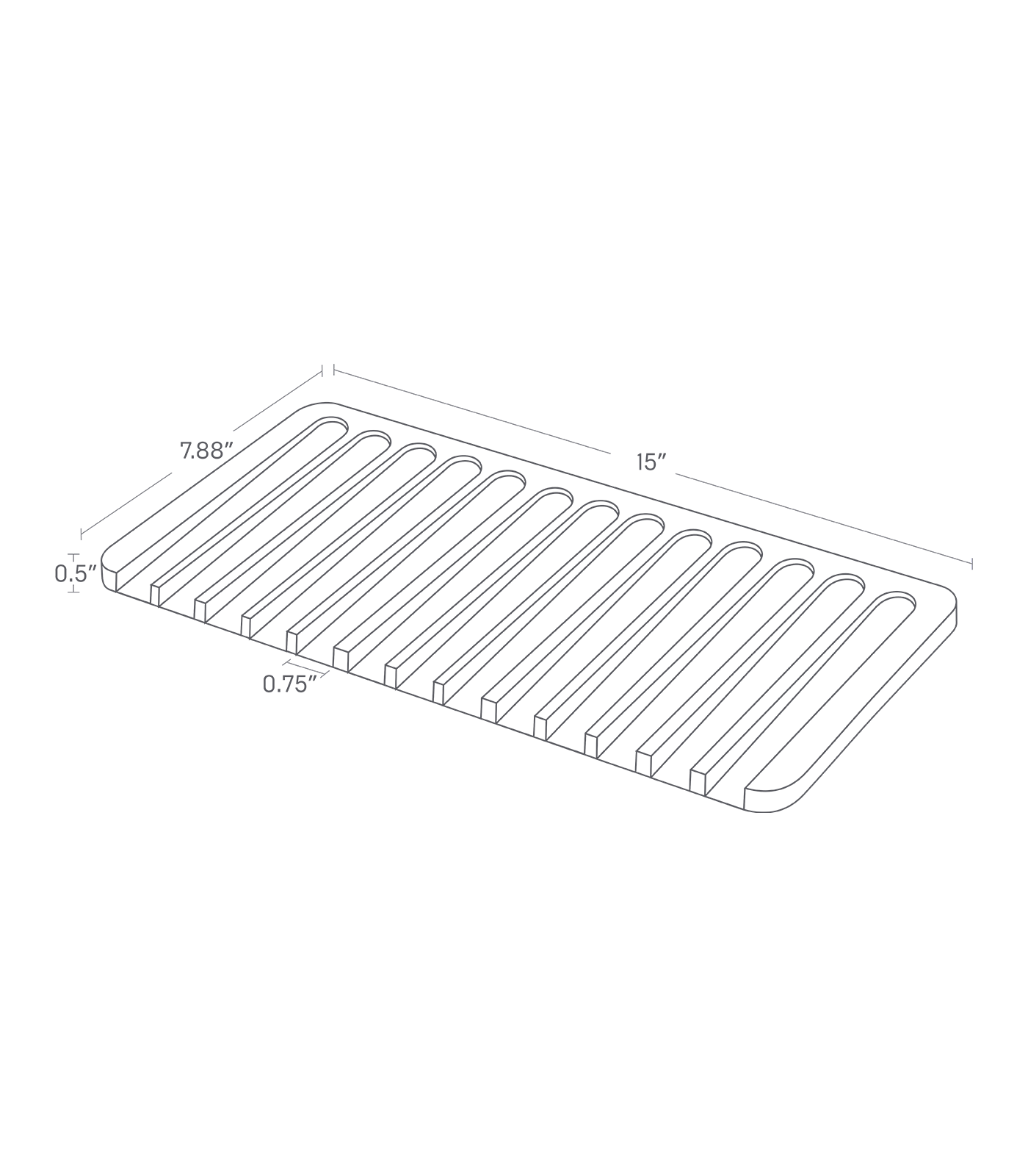 FLOW Dish Drainer Tray. 15 inches long, 7.88 inches wide, 0.5 inches tall.