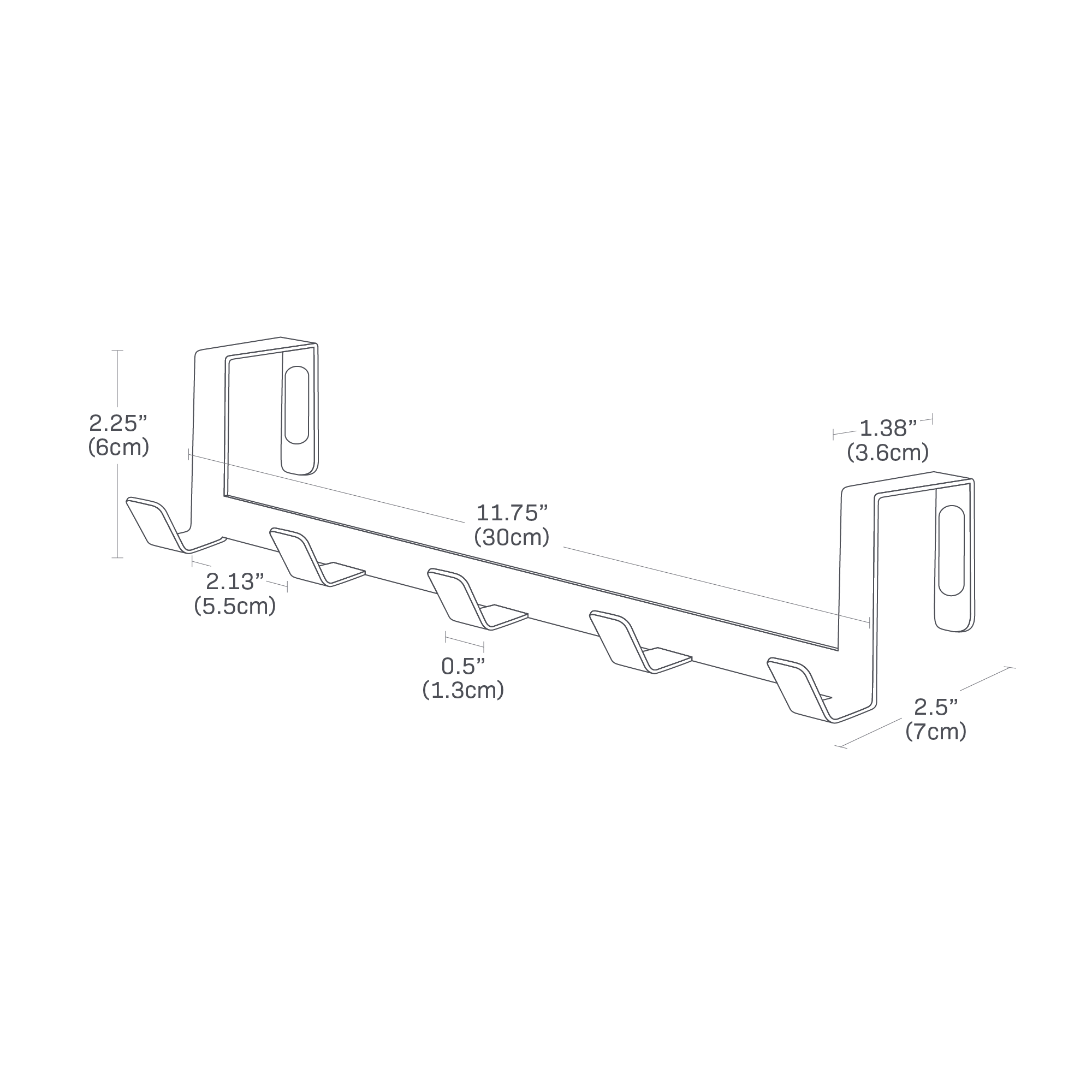 Dimension image for Over-the-Door Hanger showing length of 11.75 inches, width of 2.5 inches and height of 2.25 inches