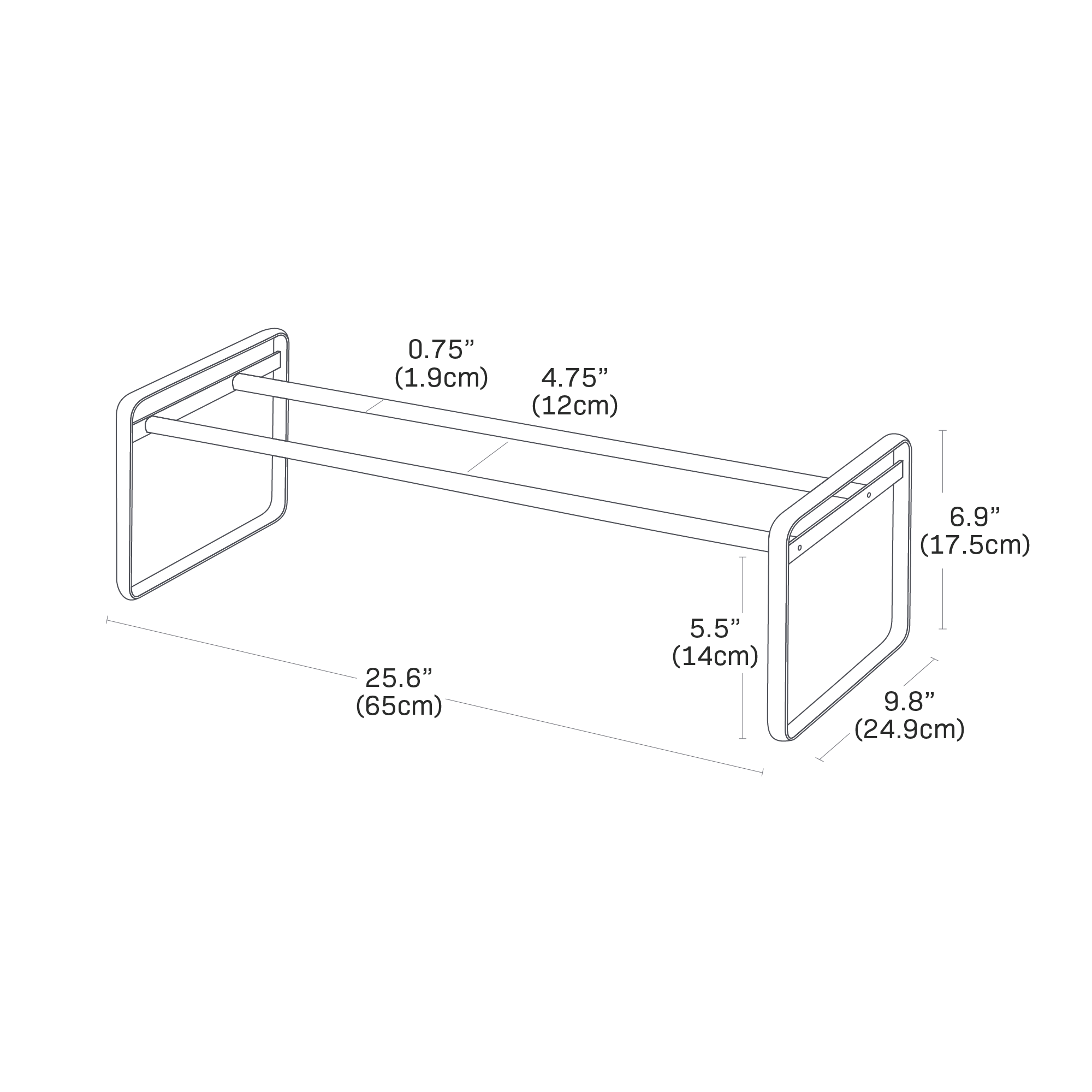 Dimension image for Stackable Shoe Rackon a white background showinglength of 25.6 inches, width of 9.8  inches, height of 6.9  inches. Two bars, each with a diameter of 0.75 inches, are placed 4.75 inches apart at a height of 5.5 inches.