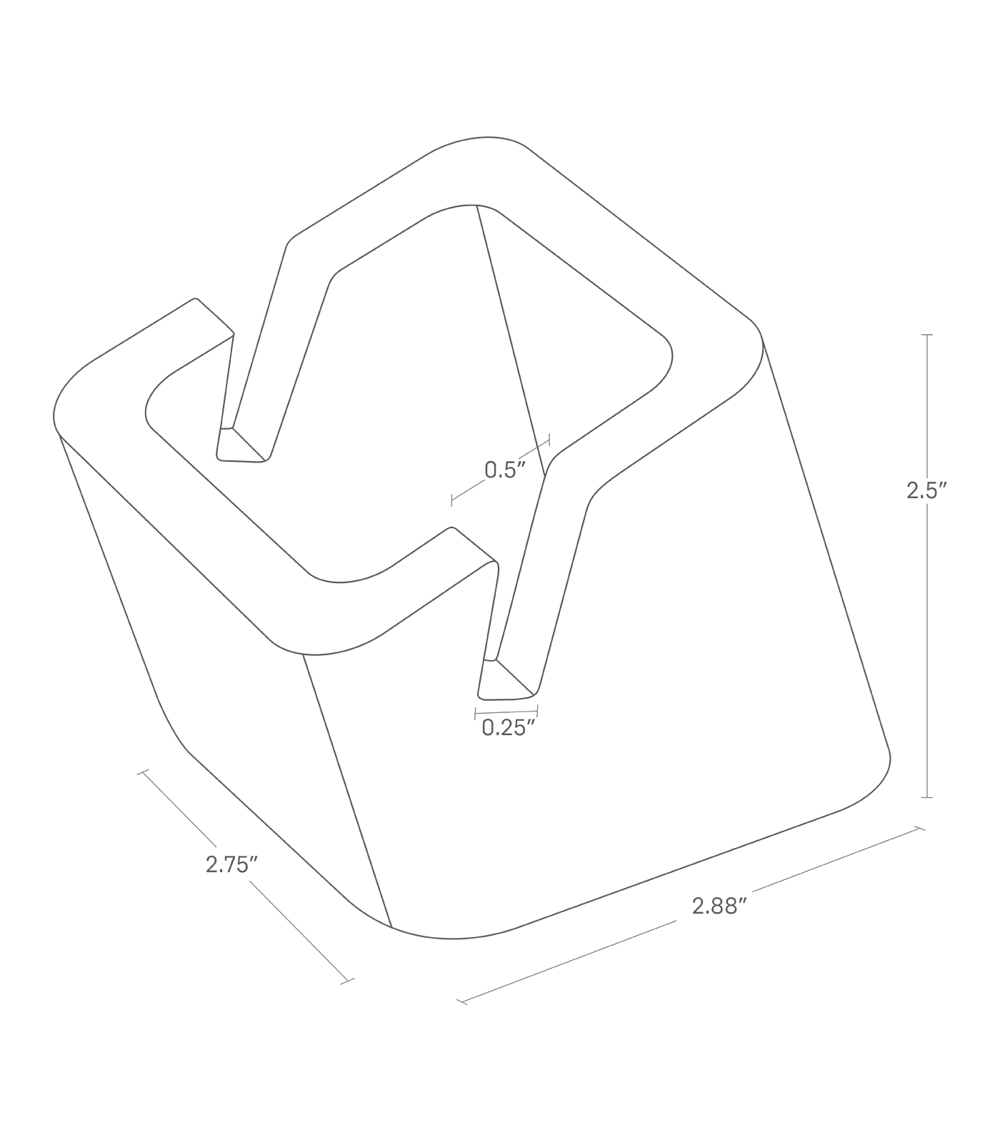 Dimension image for Tablet Stand on a white background with length of 2.88'', a width of 2.75'', a height of 2.5'', a tablet notch that is 0.5'' at the opening and 0.25'' at the base.
