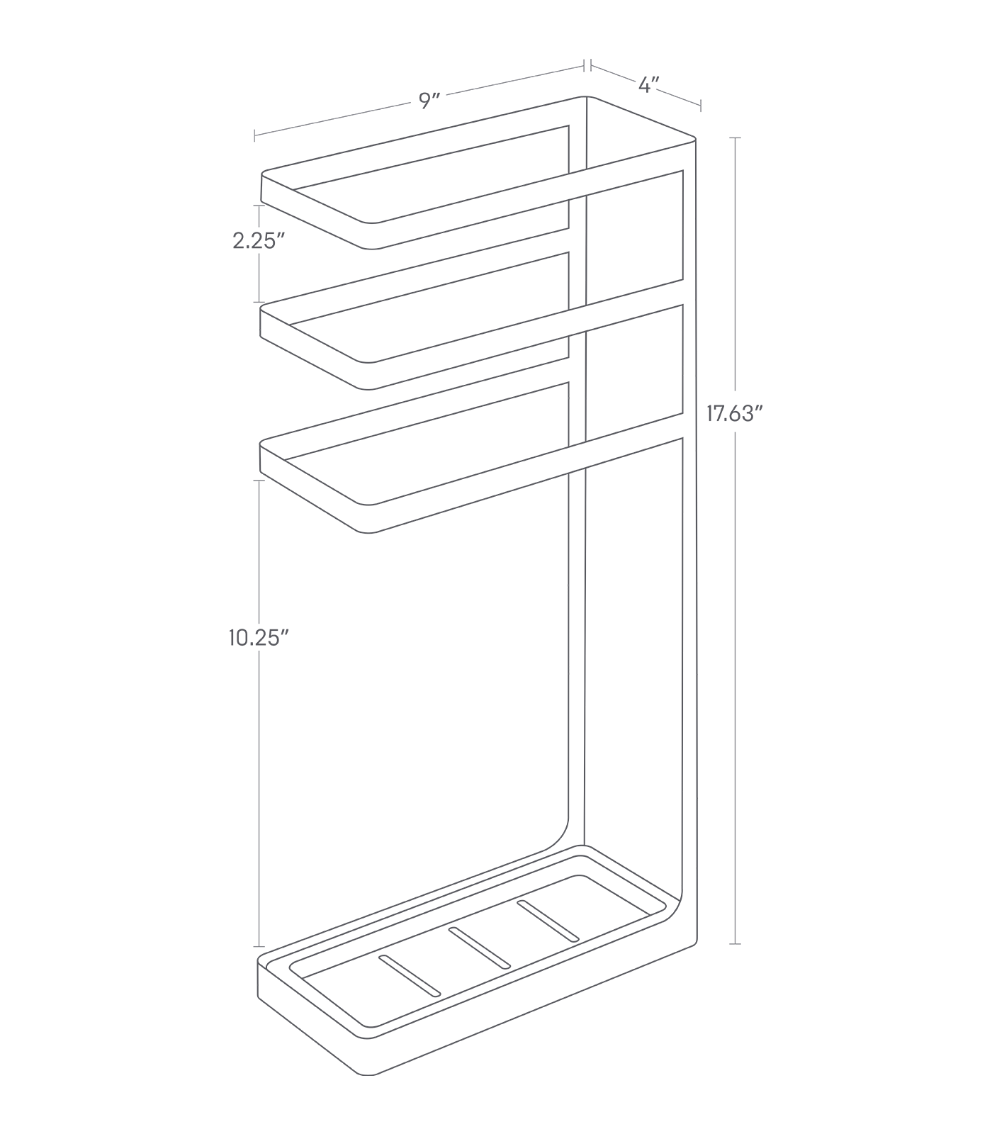 Dimension image for Umbrella Stand on a white background including dimensions  L 4.13 x W 9.06 x H 17.72 inches