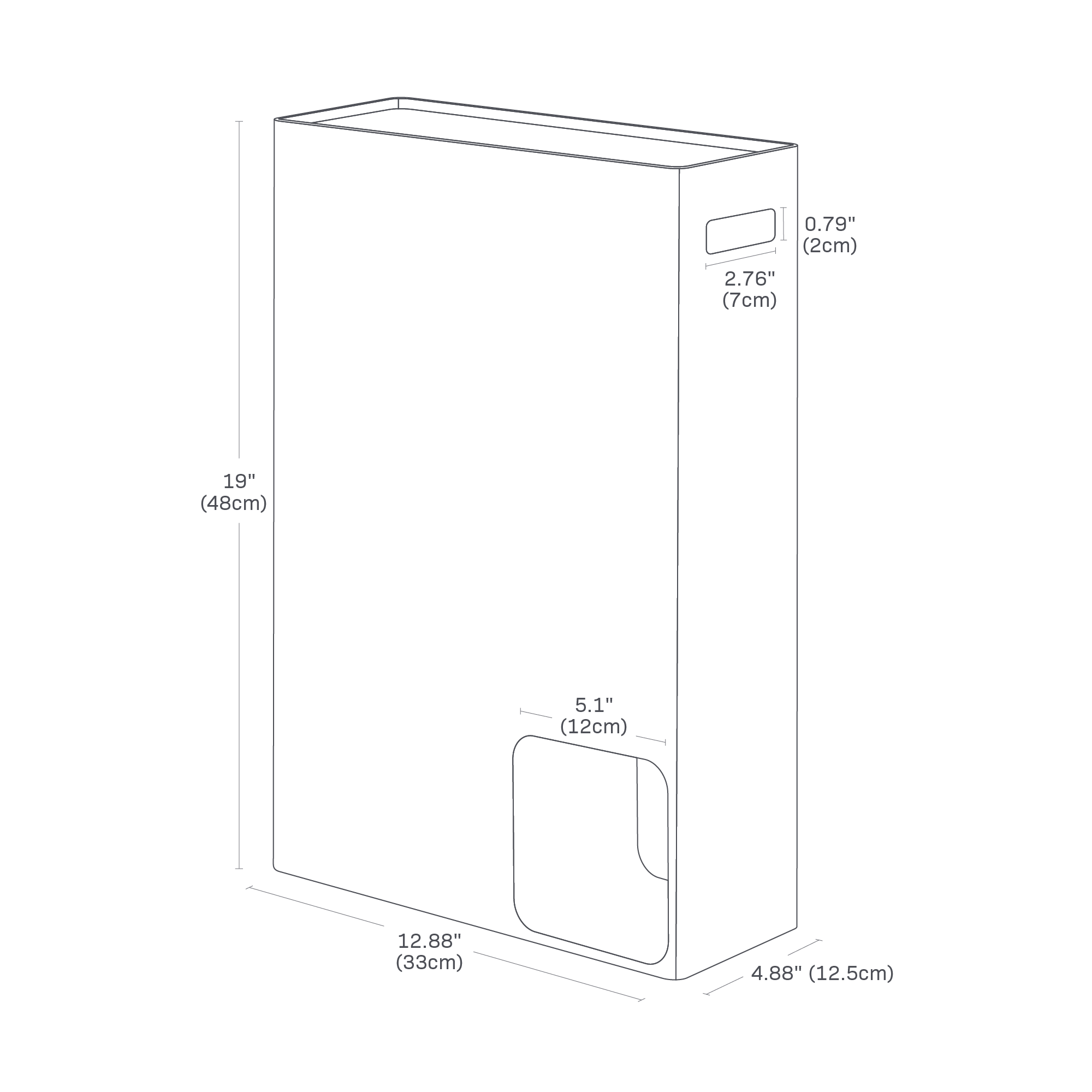 Image dimensionnelle du stockeur de papier toilette montrant une hauteur de conteneur de 2,4 po, une longueur de 8,6 po et une largeur de 9,3 po