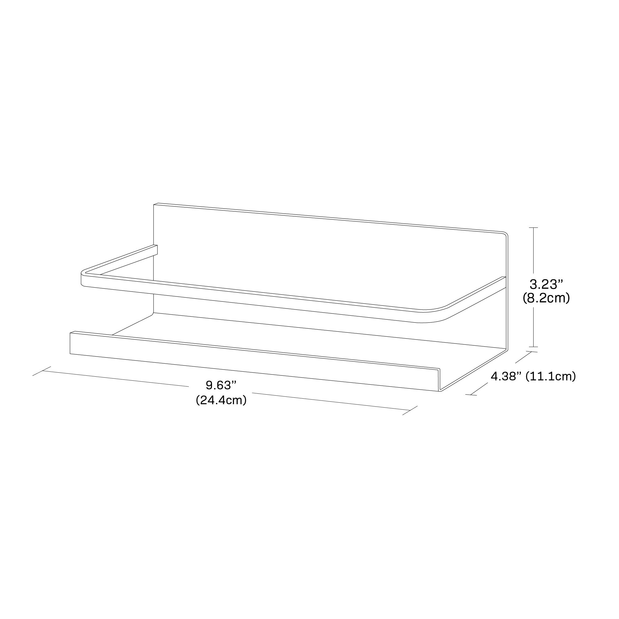 Dimension image for Magnetic Storage Caddy showing container height of 3.25 inches, length of 4.38 inches, width of 9.63 inches