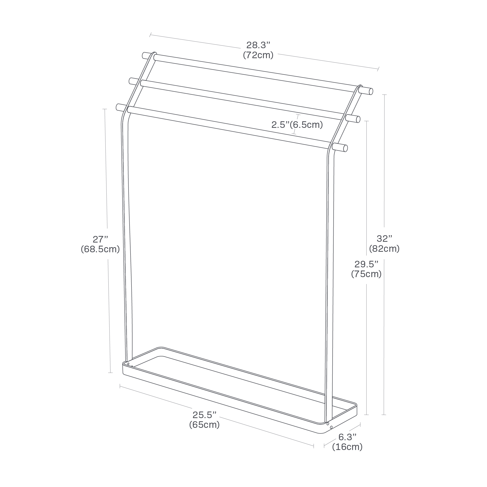 Image dimensionnelle du porte-serviettes de bain avec barres porte-serviettes de 28,3" de large, 32" de haut, 25,5" de large en bas et 6,3" de profondeur. Les chevilles en bois sont espacées de 2,5" et la première cheville est à 27" du sol, la deuxième cheville est à 29,5" du sol et la cheville supérieure est à 32" du sol.
