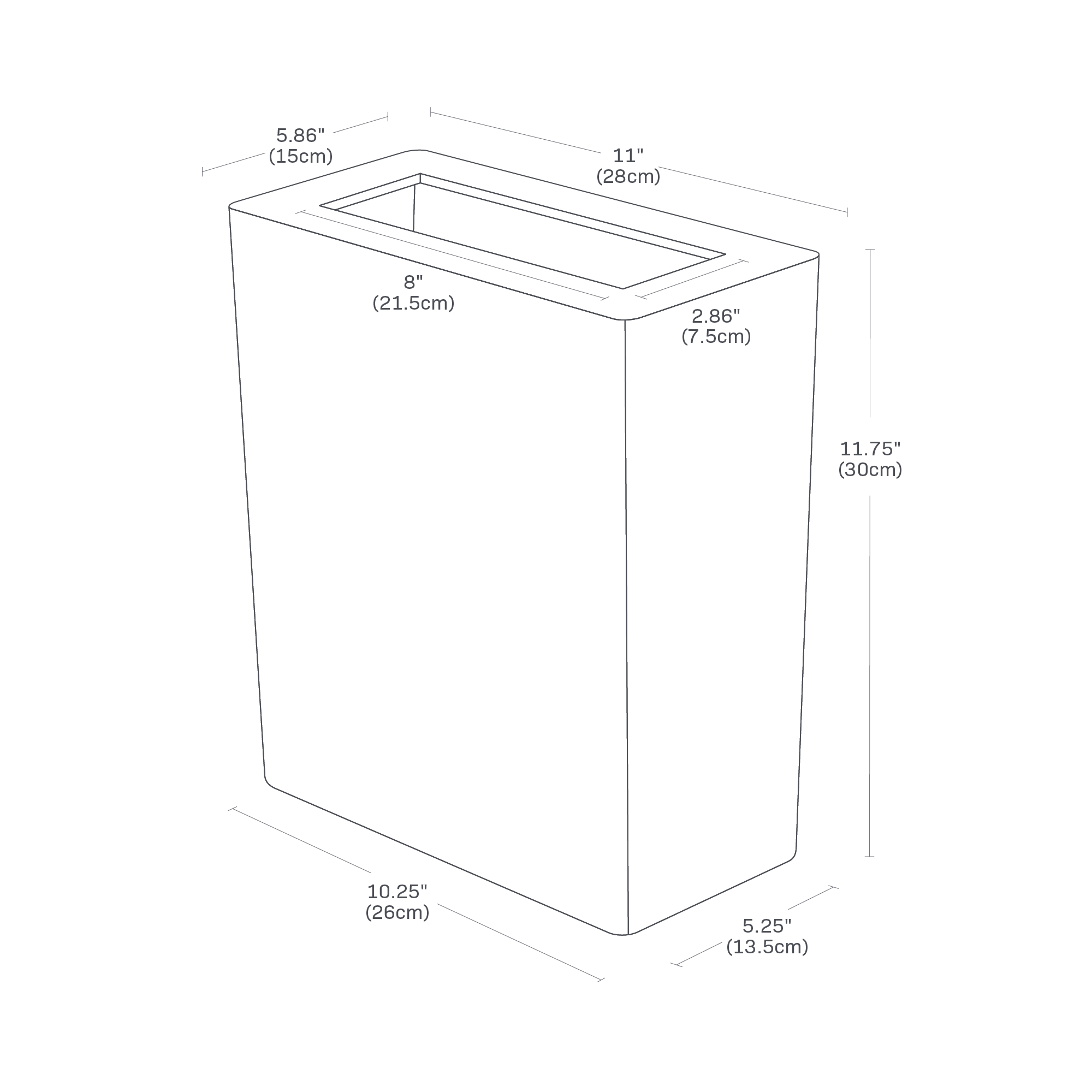 Dimension Image for Trash Can on a white background showing height of 11.75 inches, bottom width of 10.25 inches, bottom length of 5.25 inches, top width of 11 inches, top length of 5.875 inches, opening width of 8 inches, and opening length of 2.875 inches.
